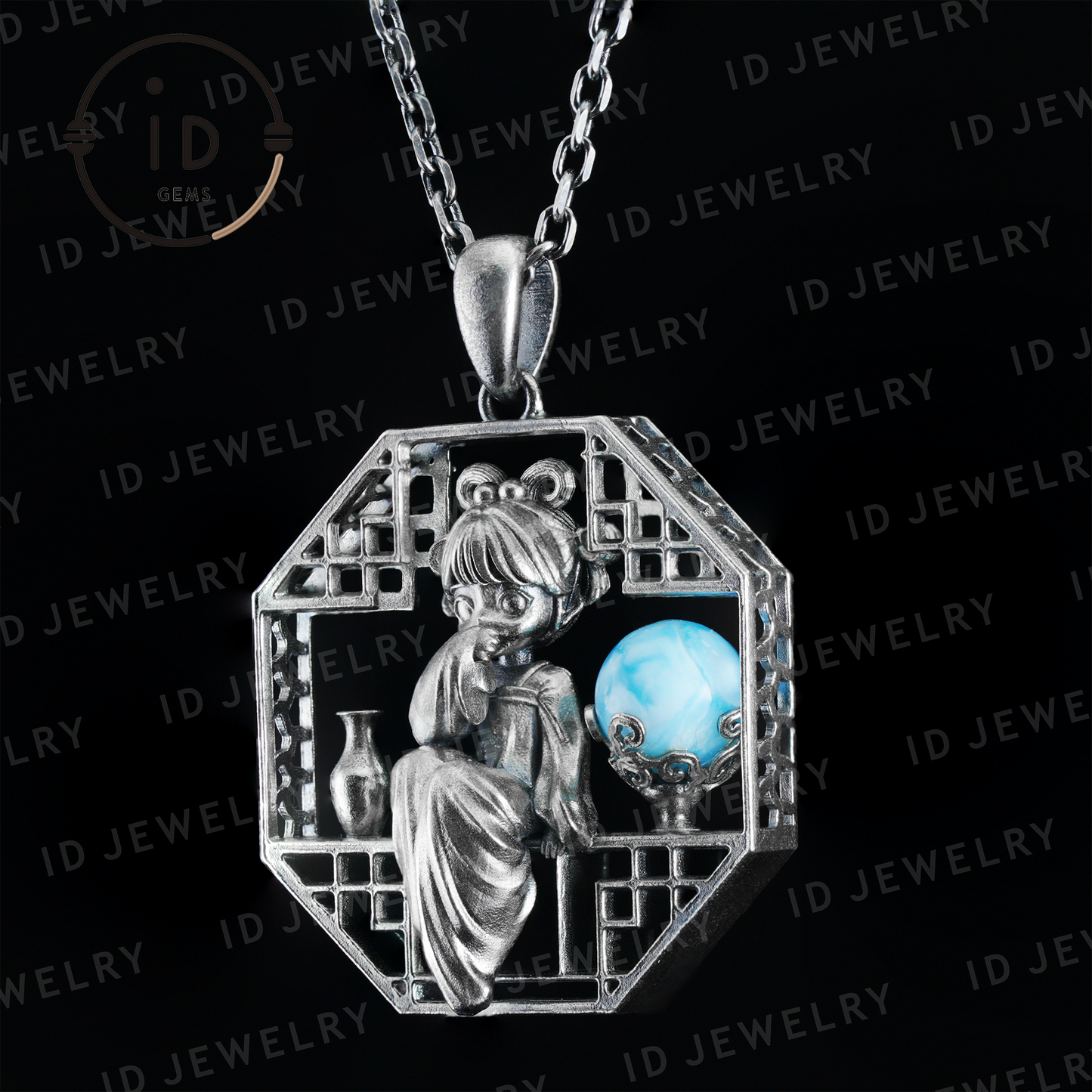 Handcrafted Octagonal Cut-out Pendant | Natural Larimar Orb Accent | Retro-Inspired Geometric Statement Gift for Creative Souls