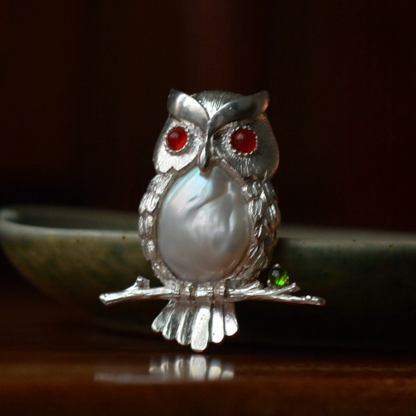 Handmade 925 Silver Owl Brooch Pendant | Pearl, Carnelian & Diopside Jewelry |  Gift for Teacher or Mom