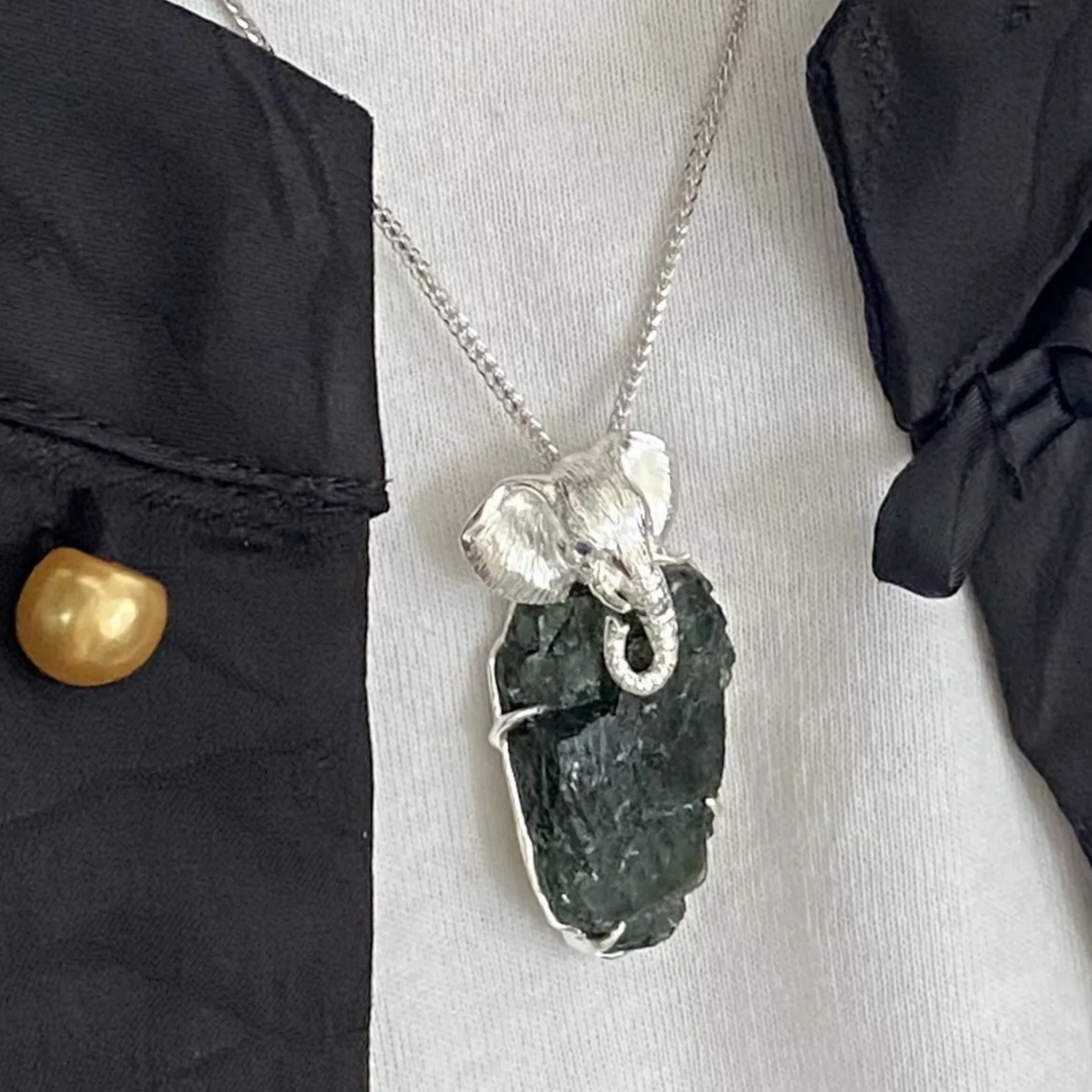 Elephant Totem Brooch Pendant | Natural Green Tourmaline & 925 Silver | Spiritual Animal Amulet Gift for Him & Her