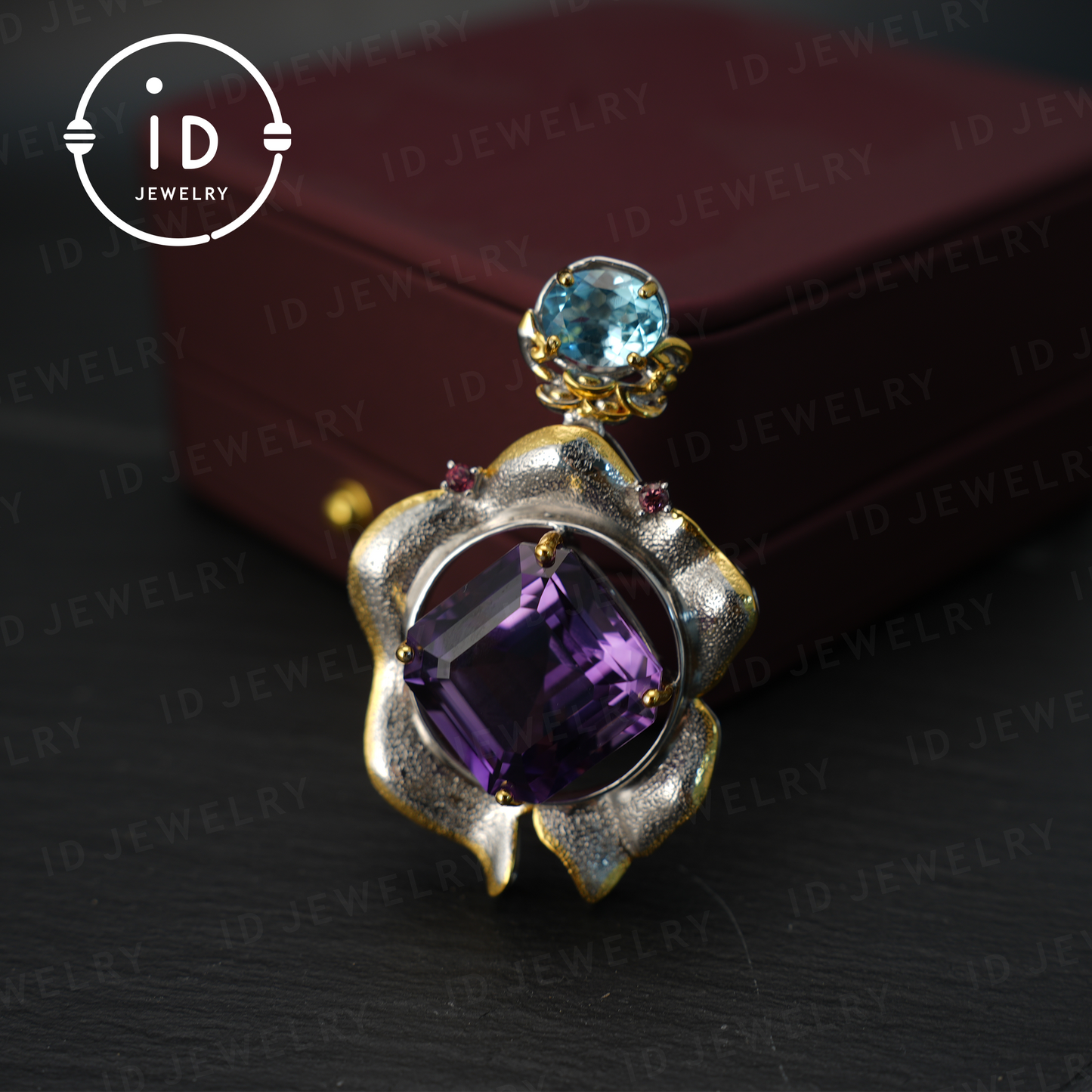 Handgefertigter Amethyst-Blumenanhänger, Vintage-Stil, großer Edelsteinanhänger, einzigartiges Design
