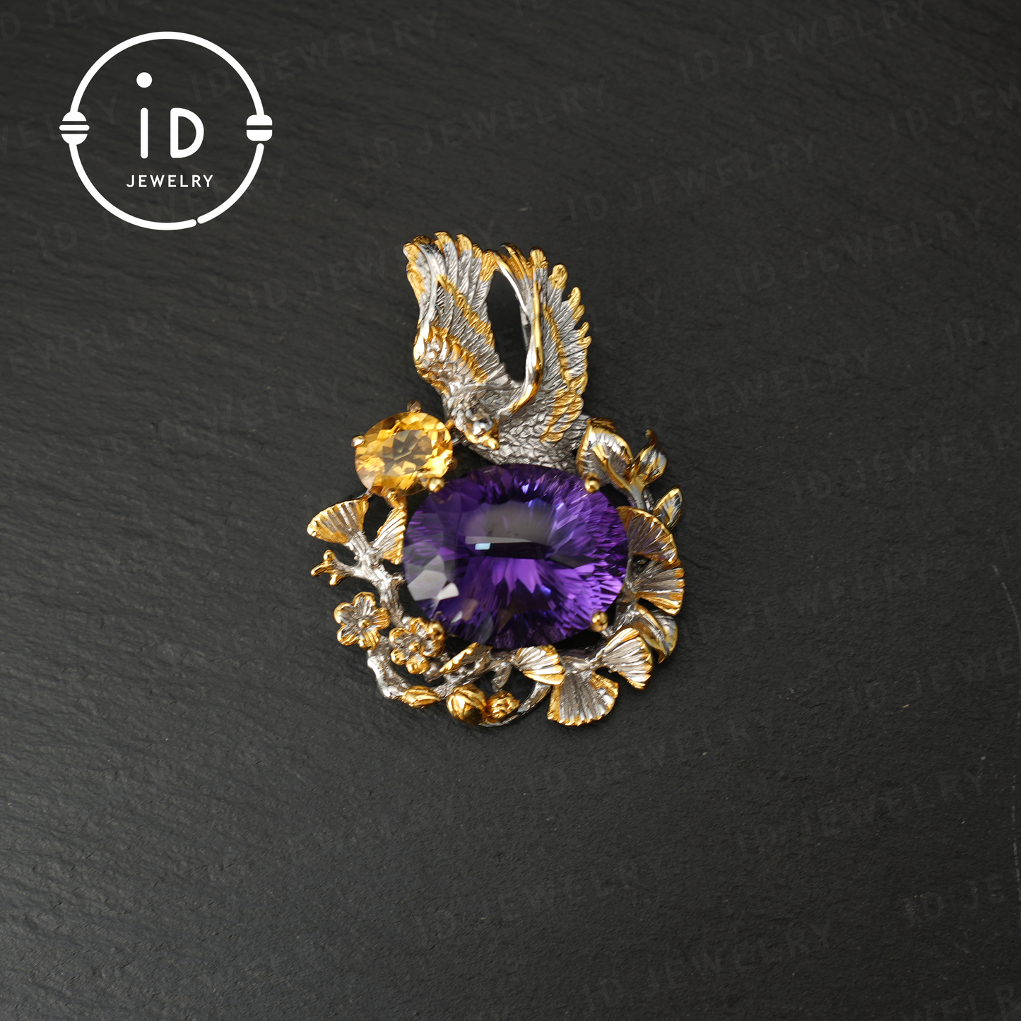 Handgefertigter Amethyst-Anhänger und Brosche | Vintage-Vogel-Design | Von der Natur inspirierter Schmuck | K-vergoldet | Edelstein-Statement-Stück
