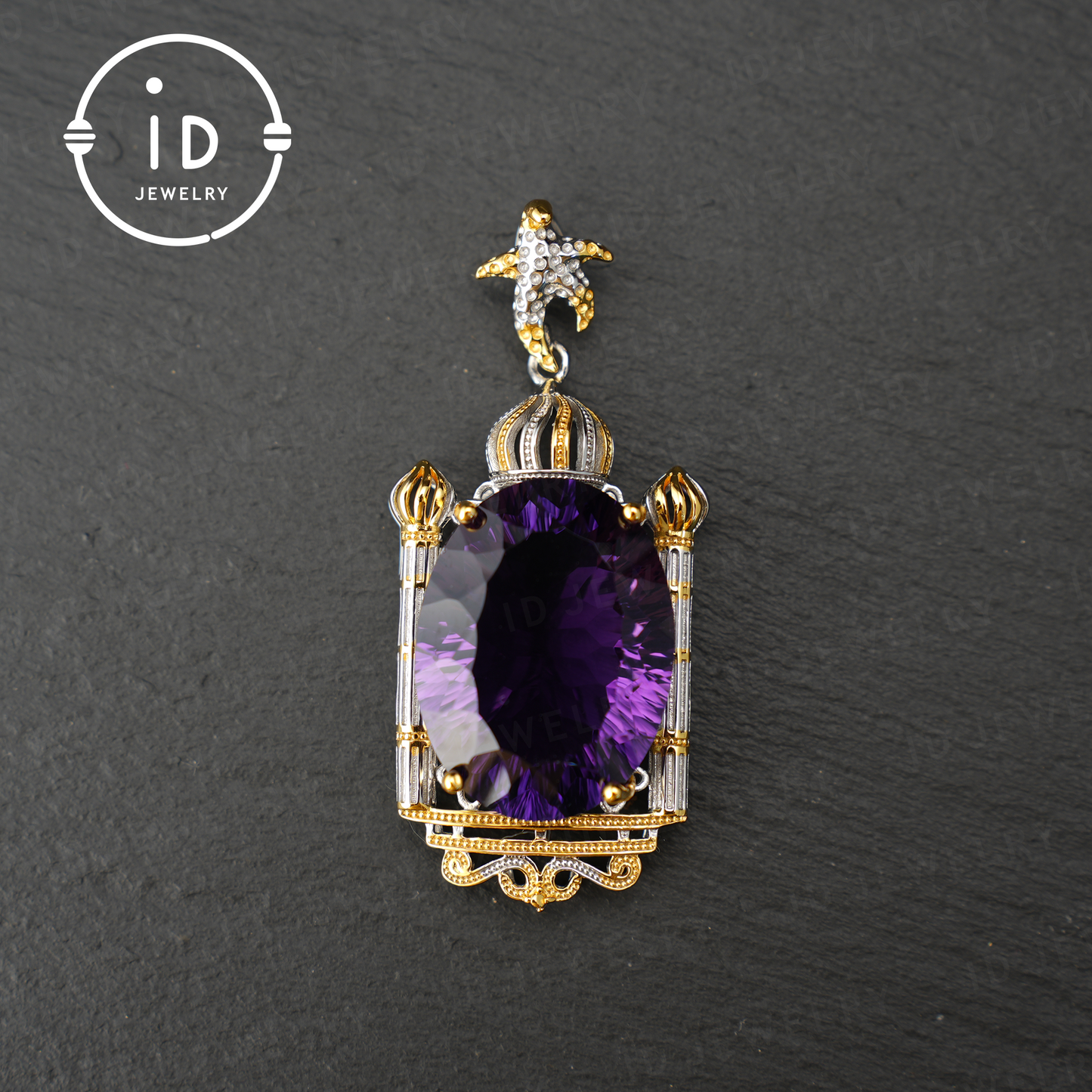 Luxuriöser Amethyst Anhänger, Barock Stil, handgefertigter Schmuck, vergoldeter Edelstein Anhänger, Geschenk für Frauen
