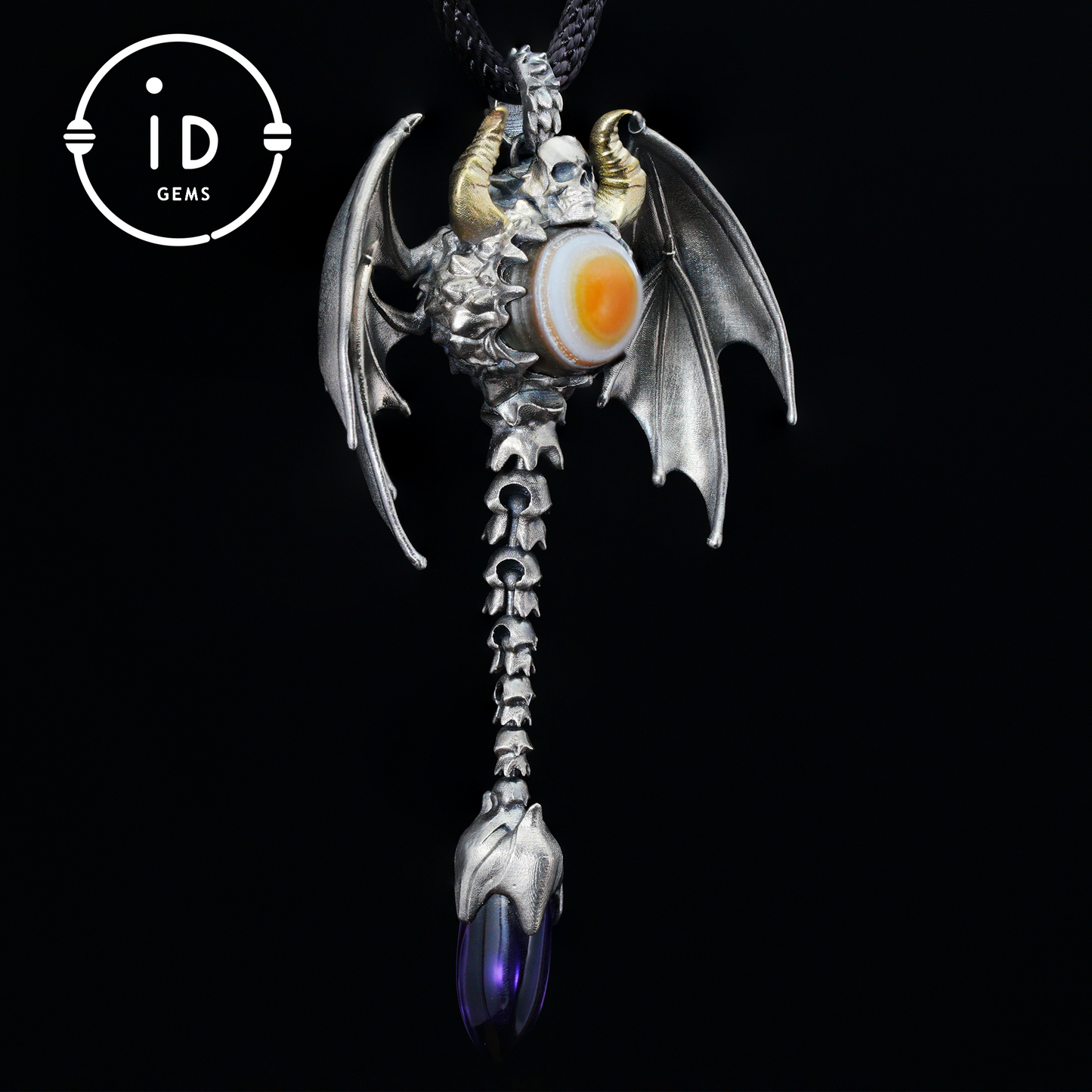 Gothic Totem Pendant | Amethyst Drop & Opal Eye | Handmade 925 Silver & Brass Necklace for Him
