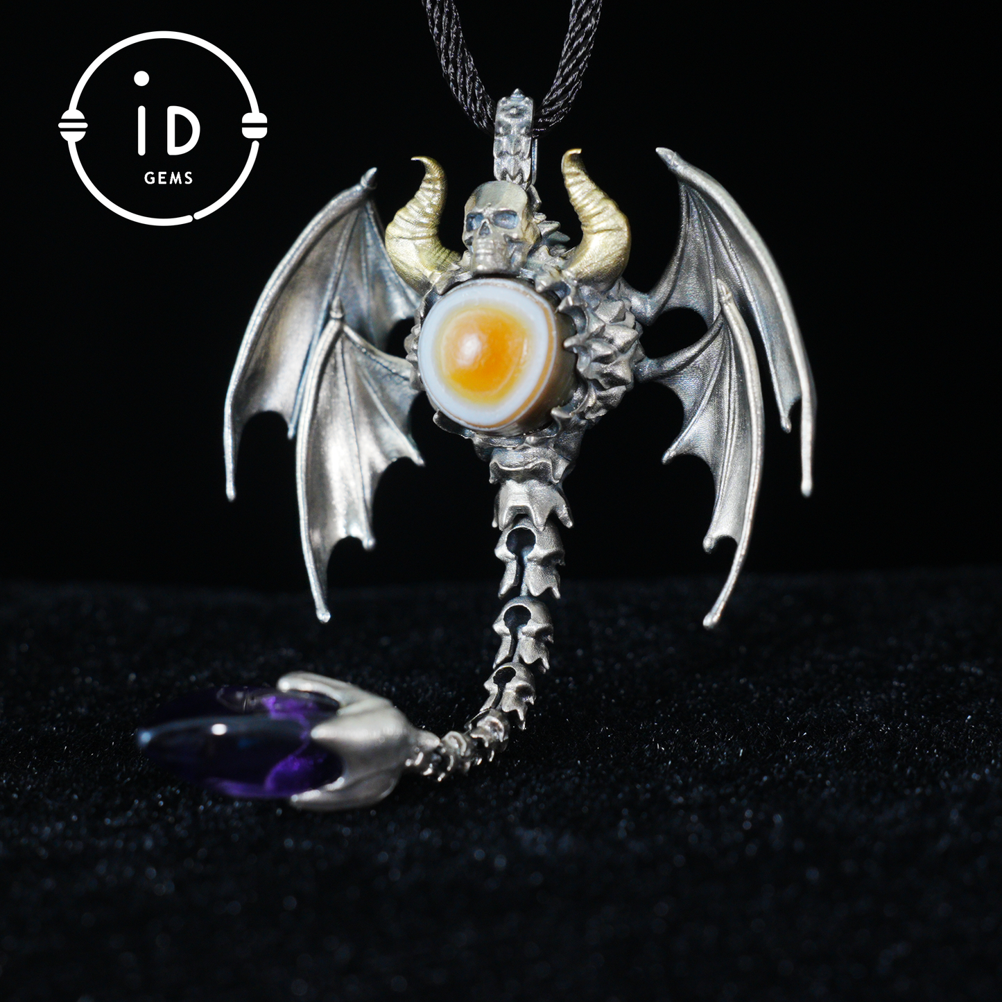 Gothic Totem Pendant | Amethyst Drop & Opal Eye | Handmade 925 Silver & Brass Necklace for Him