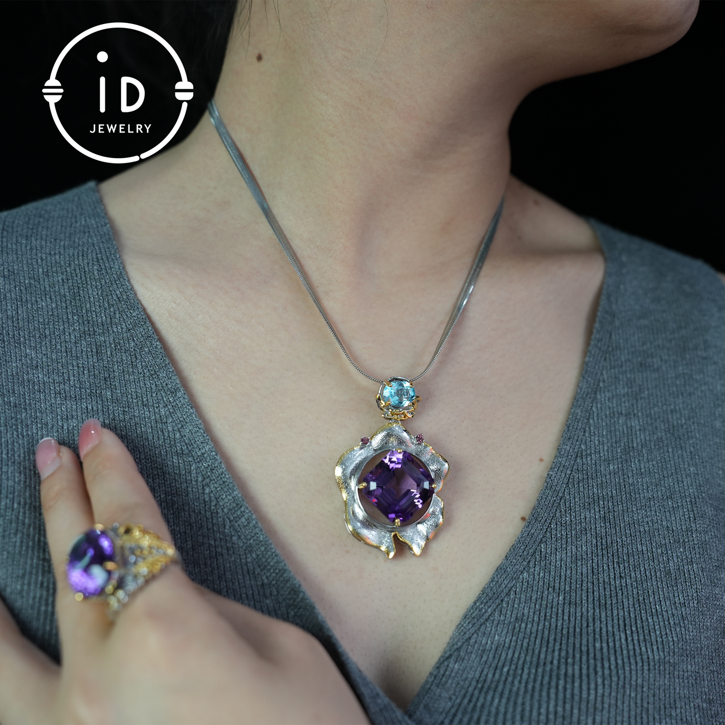Handgefertigter Amethyst-Blumenanhänger, Vintage-Stil, großer Edelsteinanhänger, einzigartiges Design