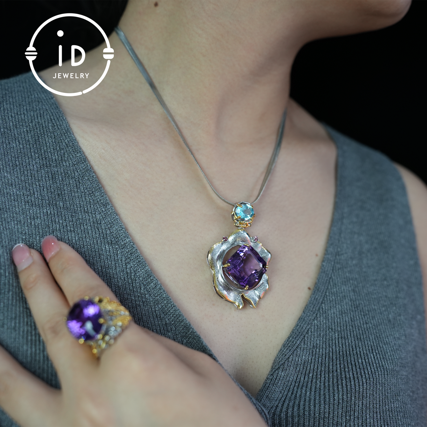 Handgefertigter Amethyst-Blumenanhänger, Vintage-Stil, großer Edelsteinanhänger, einzigartiges Design