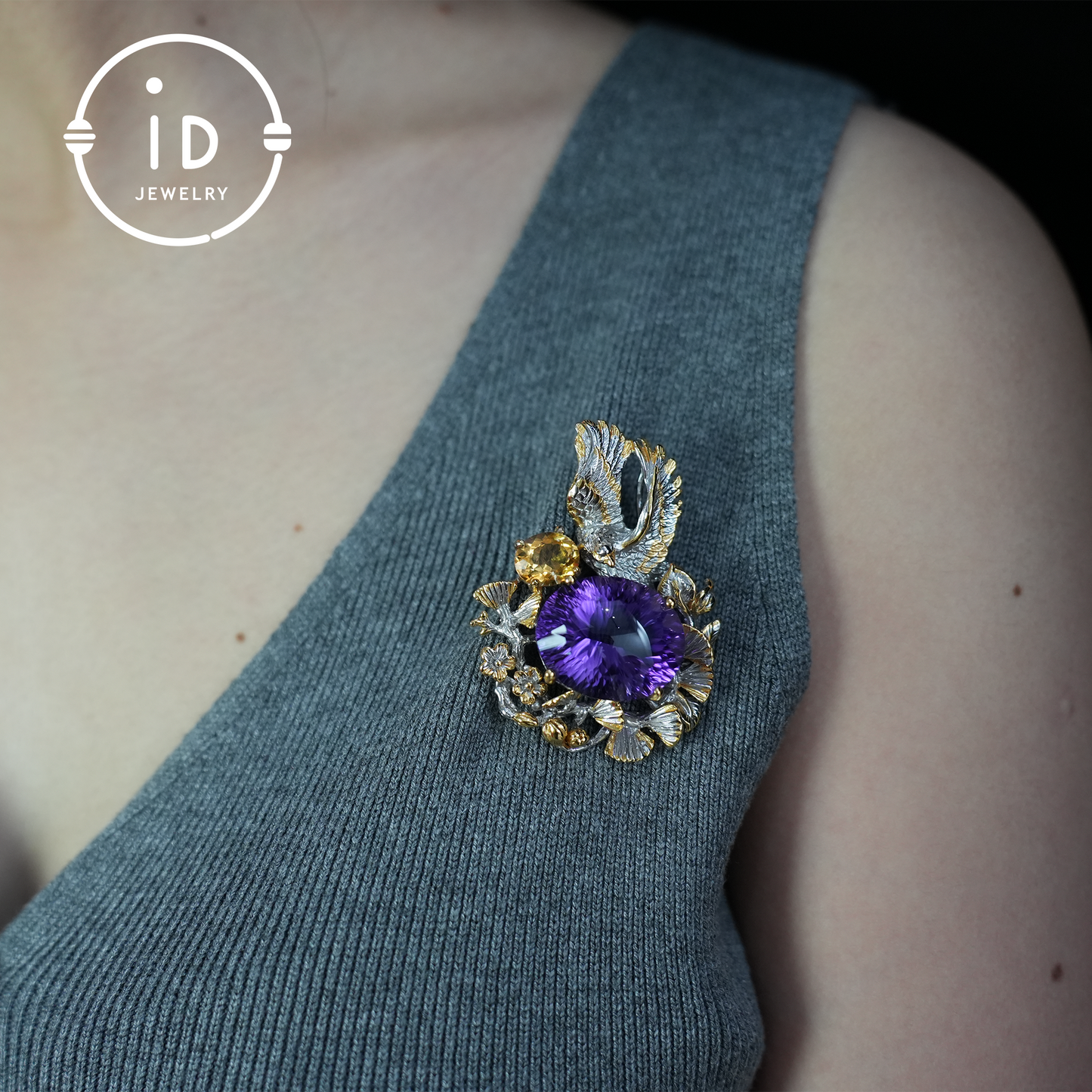 Handgefertigter Amethyst-Anhänger und Brosche | Vintage-Vogel-Design | Von der Natur inspirierter Schmuck | K-vergoldet | Edelstein-Statement-Stück