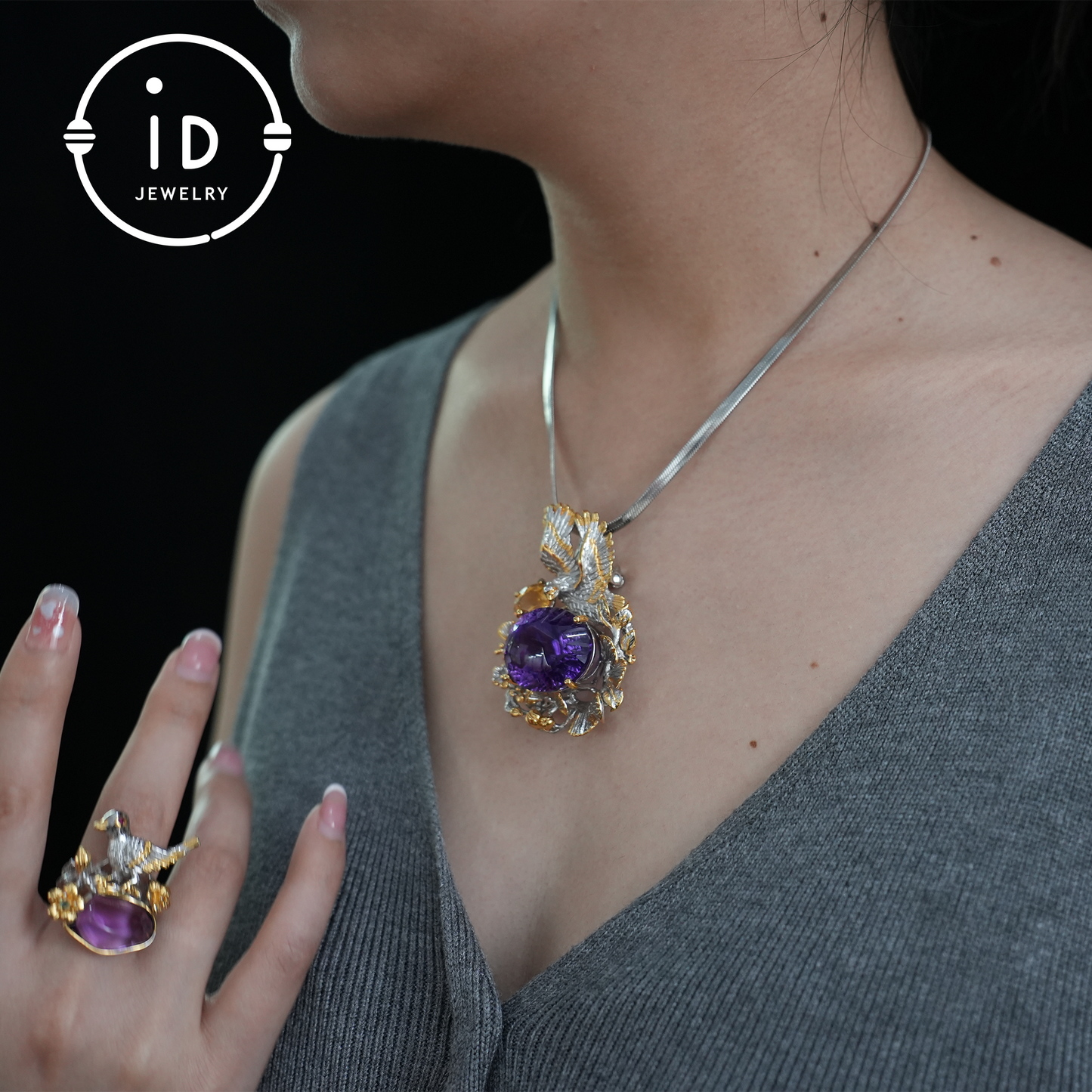 Handgefertigter Amethyst-Anhänger und Brosche | Vintage-Vogel-Design | Von der Natur inspirierter Schmuck | K-vergoldet | Edelstein-Statement-Stück