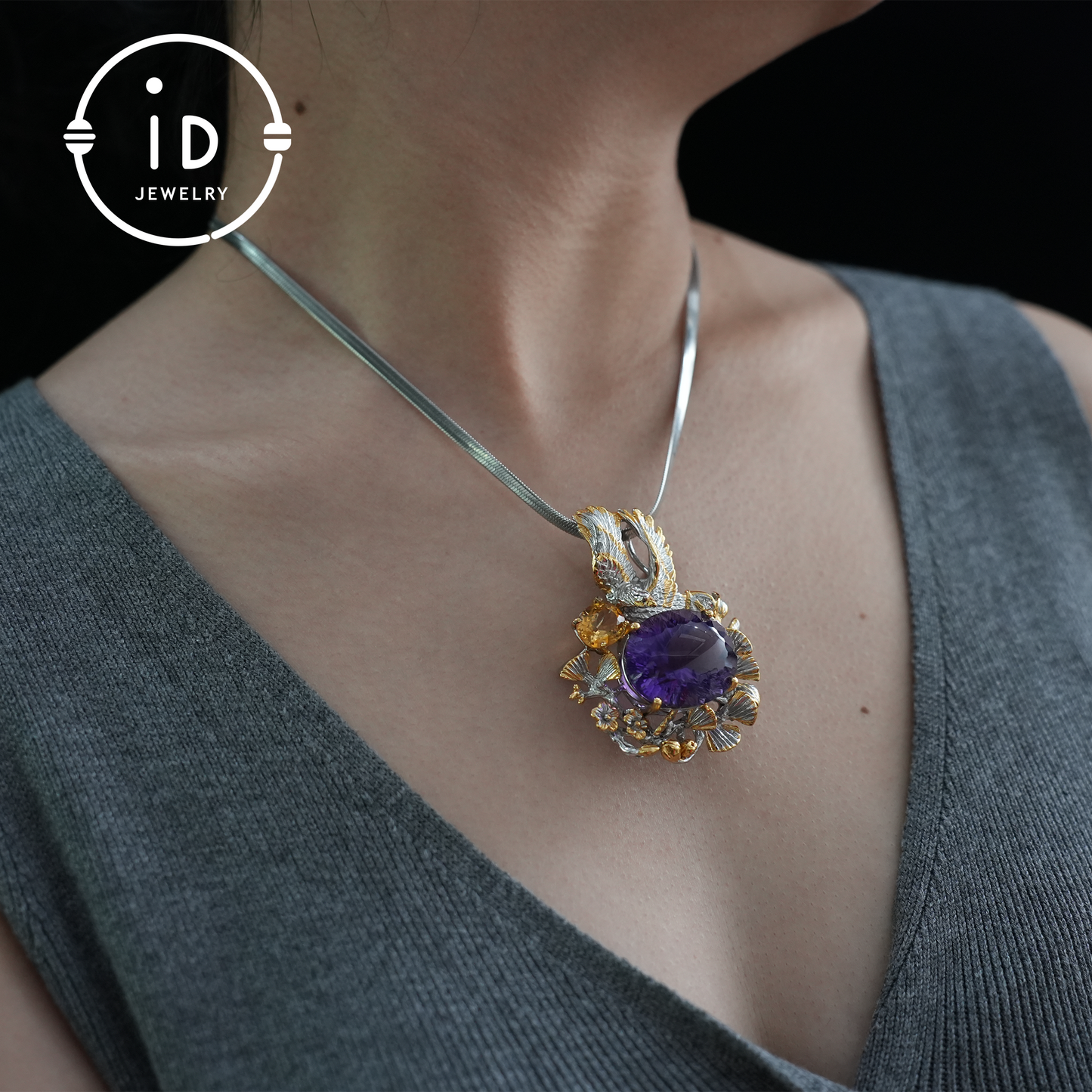 Handgefertigter Amethyst-Anhänger und Brosche | Vintage-Vogel-Design | Von der Natur inspirierter Schmuck | K-vergoldet | Edelstein-Statement-Stück