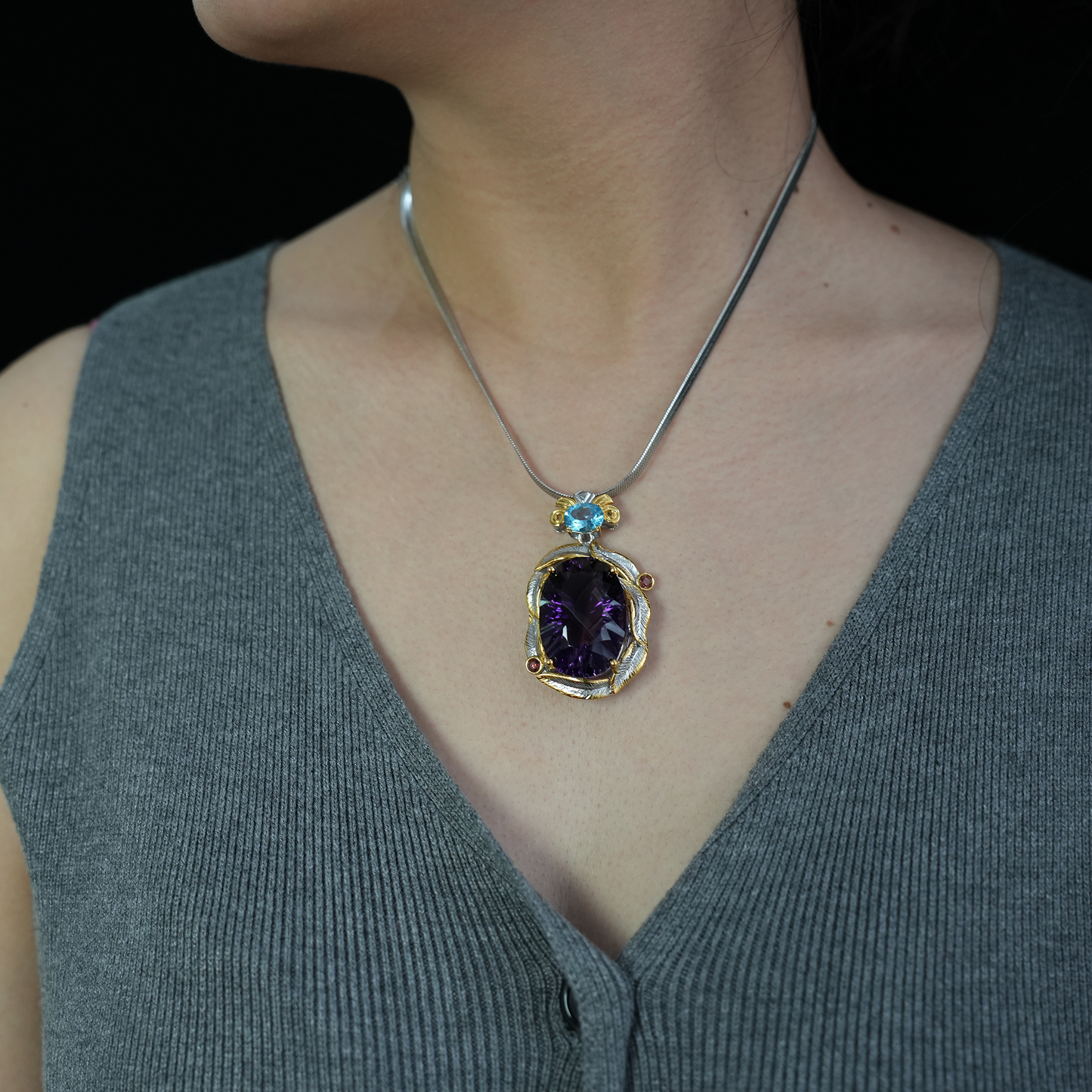 Amethyst Herz Anhänger, Luxus Edelstein Schmuck, Vintage Stil Amethyst Anhänger, K vergoldet, Statement Halskette, Geschenk für Frauen