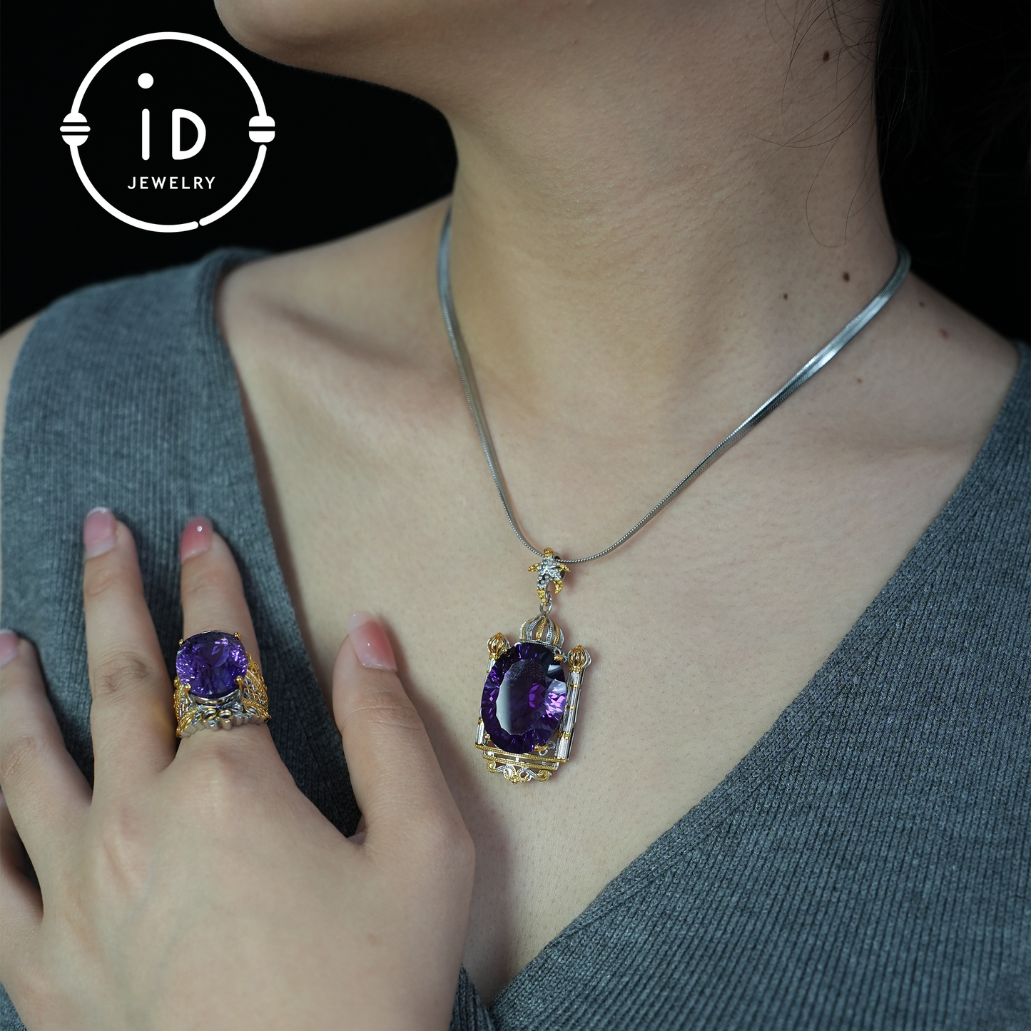 Luxuriöser Amethyst Anhänger, Barock Stil, handgefertigter Schmuck, vergoldeter Edelstein Anhänger, Geschenk für Frauen