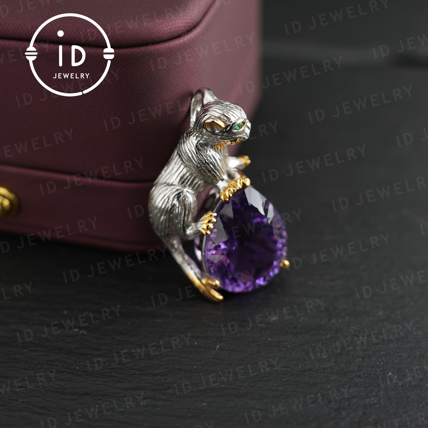 Handgefertigter Katzenanhänger | Natürlicher Amethyst | Tierschmuck | Lila Edelsteinkette | Vergoldeter Schmuck | Einzigartiges Geschenk für Katzenliebhaber