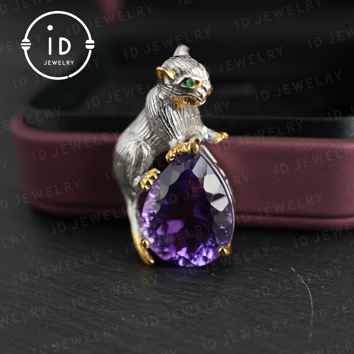 Handgefertigter Katzenanhänger | Natürlicher Amethyst | Tierschmuck | Lila Edelsteinkette | Vergoldeter Schmuck | Einzigartiges Geschenk für Katzenliebhaber