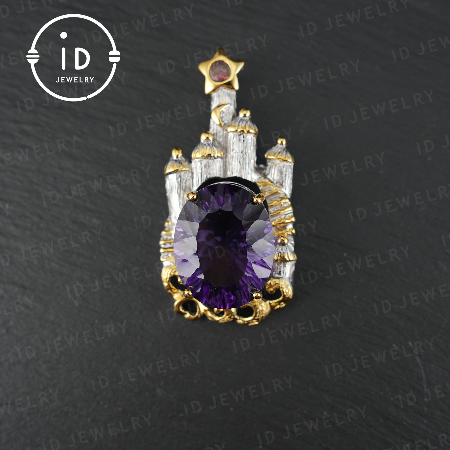 Märchenhafte Amethyst-Brosche | Vintage-Schloss-Anhänger | Handgefertigter Edelsteinschmuck | Vergoldete Statement-Brosche | Königliches Schmuckgeschenk für Frauen