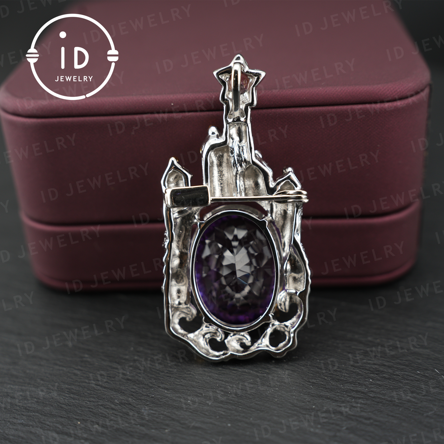 Märchenhafte Amethyst-Brosche | Vintage-Schloss-Anhänger | Handgefertigter Edelsteinschmuck | Vergoldete Statement-Brosche | Königliches Schmuckgeschenk für Frauen