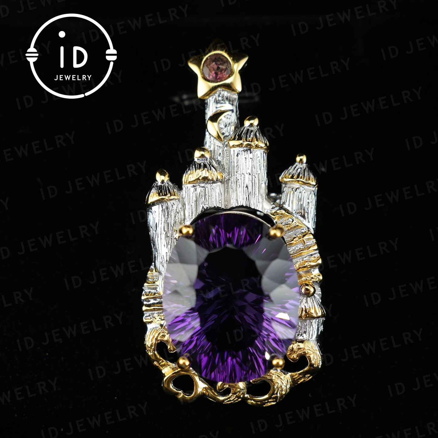 Märchenhafte Amethyst-Brosche | Vintage-Schloss-Anhänger | Handgefertigter Edelsteinschmuck | Vergoldete Statement-Brosche | Königliches Schmuckgeschenk für Frauen
