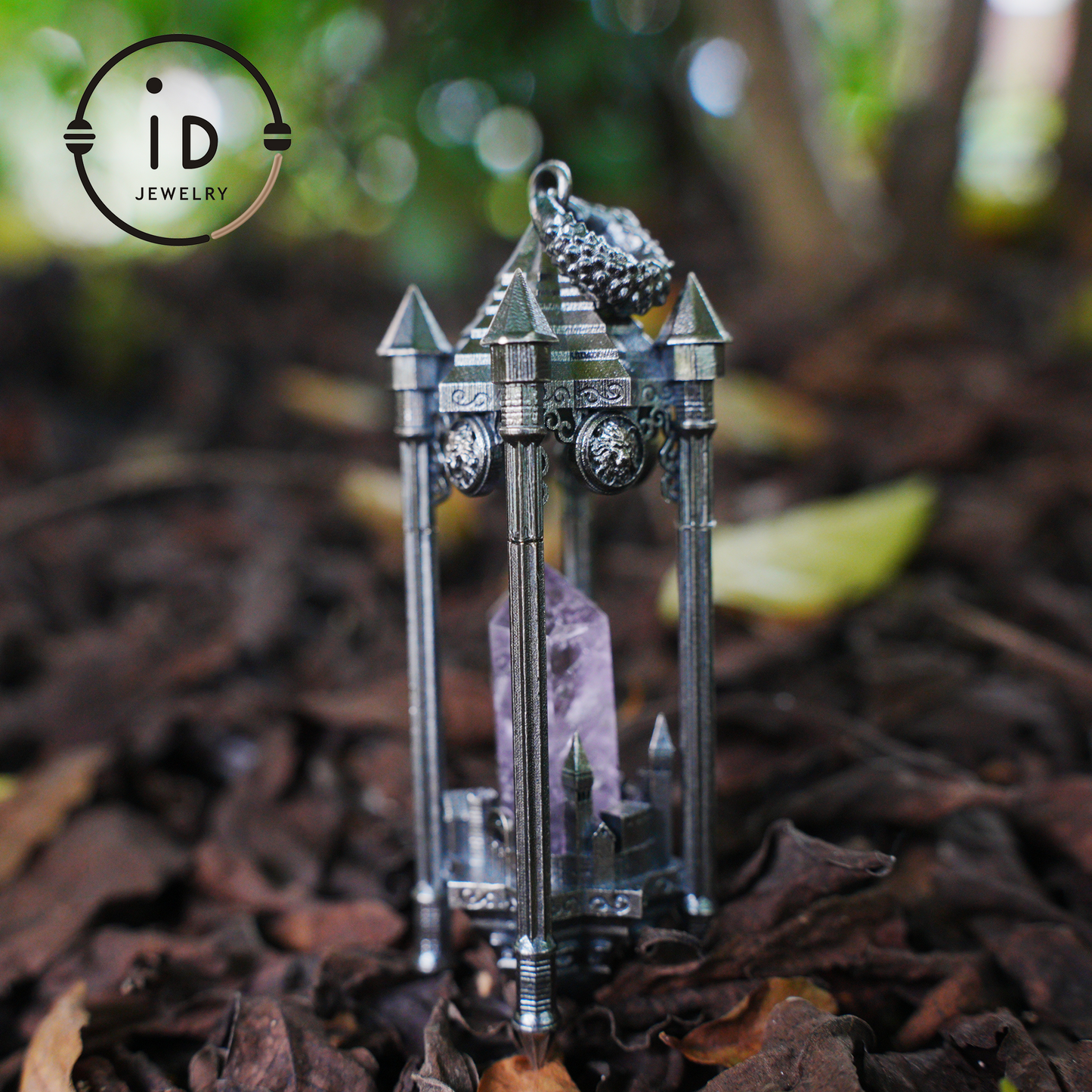 Architectural Amethyst Pendant|Natural Crystal Wrapped in Silver Columns|Focus Symbol for the Soul|Mystical Gothic Gift for Her