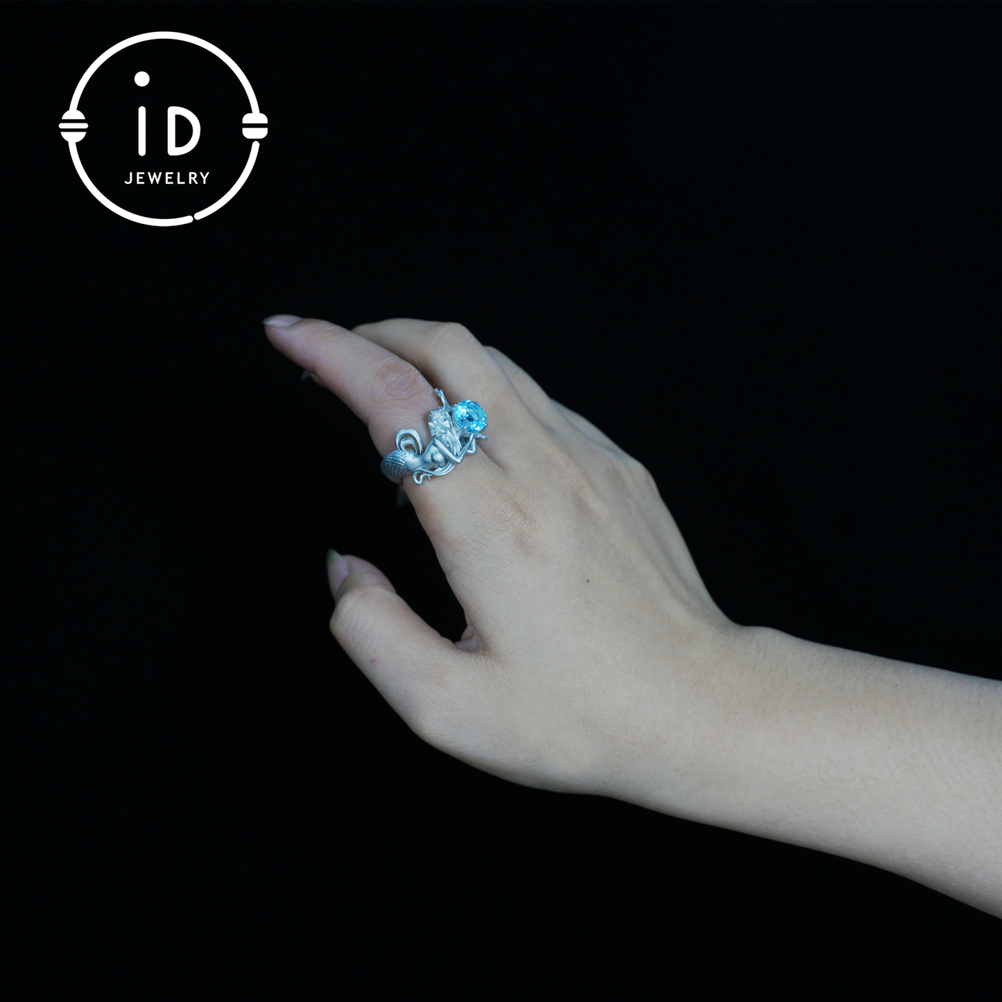 925 Silver Ring with Blue Topaz, Handmade Mermaid Jewelry in Gothic Vintage Style, Gift for Women Birthday Christmas
