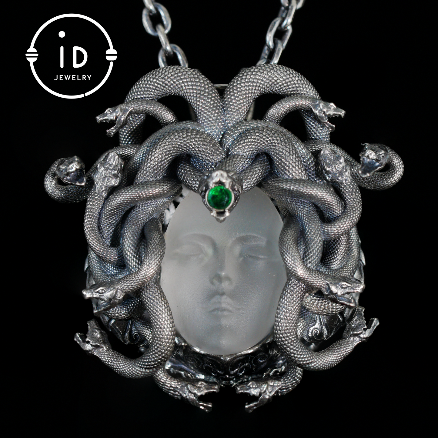Sleeping Eye Pendant · Silver Medusa Jewelry · Closed-Eye Goddess Amulet with Quartz and Emerald