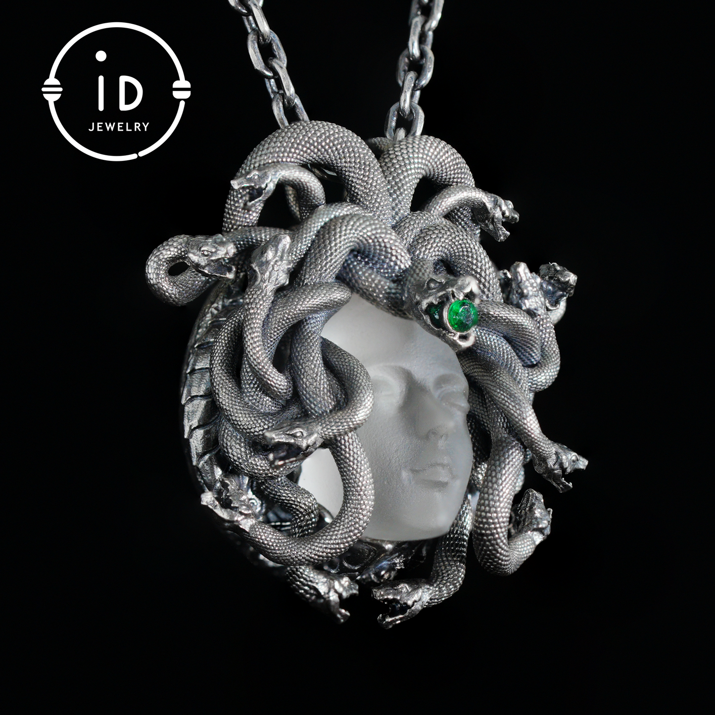 Sleeping Eye Pendant · Silver Medusa Jewelry · Closed-Eye Goddess Amulet with Quartz and Emerald