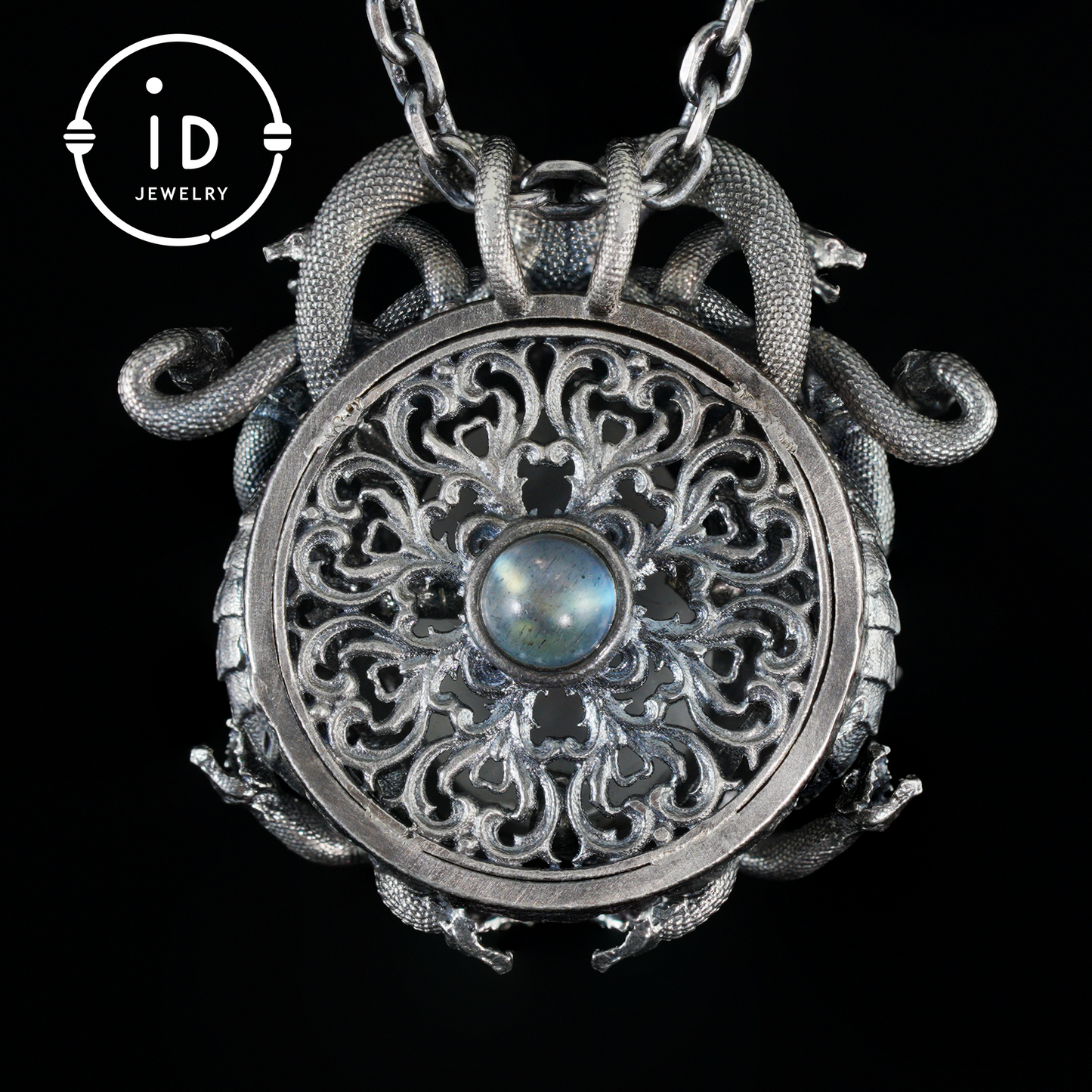 Sleeping Eye Pendant · Silver Medusa Jewelry · Closed-Eye Goddess Amulet with Quartz and Emerald