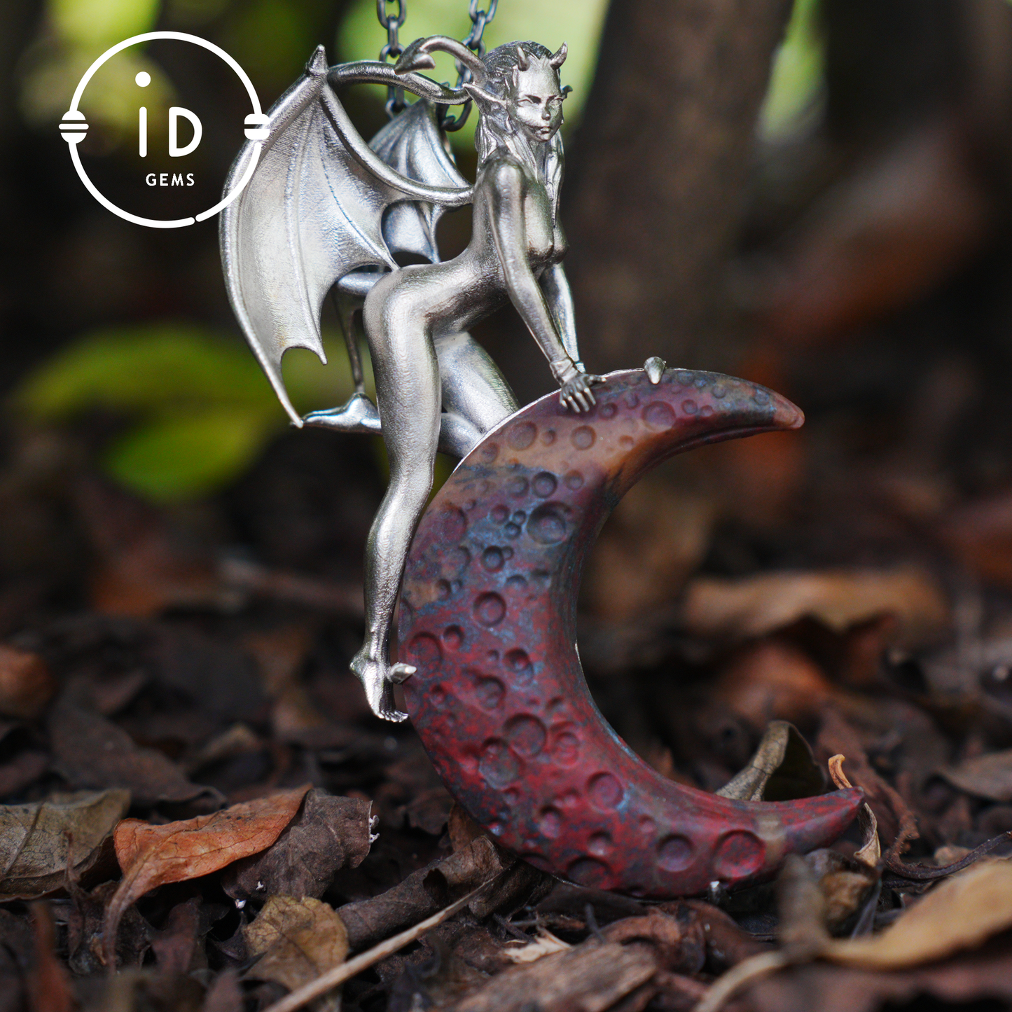 Hand-Carved 925 Silver Succubus Pendant | Blood Moon & Bloodstone Crescent | Winged Demon Gothic Protection Talisman | Perfect Gothic Gift
