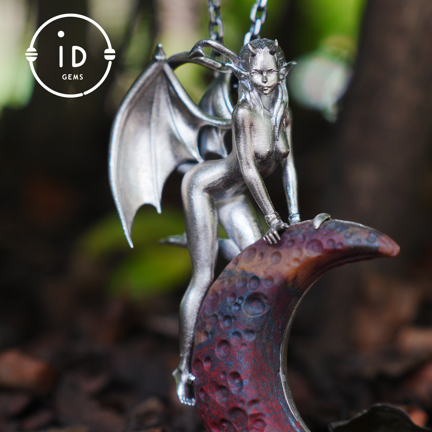 Hand-Carved 925 Silver Succubus Pendant | Blood Moon & Bloodstone Crescent | Winged Demon Gothic Protection Talisman | Perfect Gothic Gift