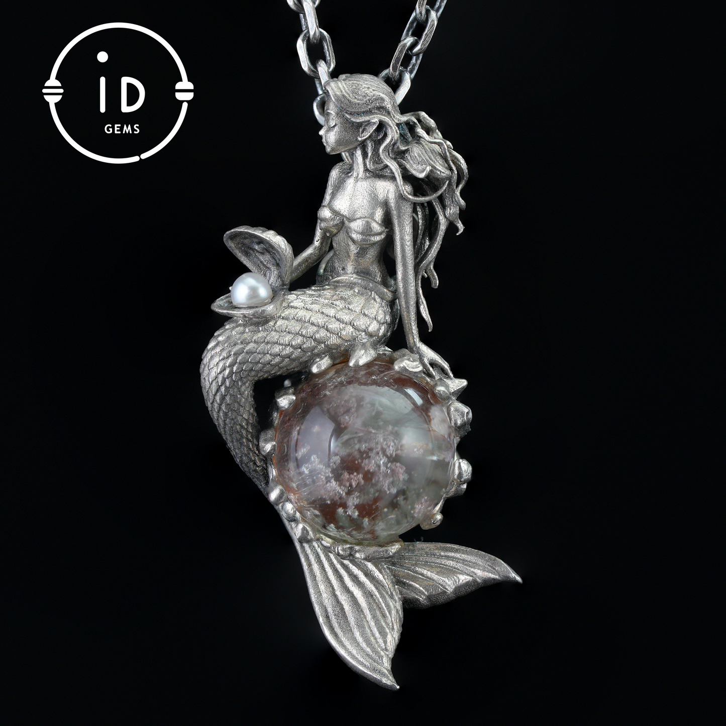 Mermaid Wish Talisman Pendant with Ghost Stone and Pearl, Fantasy Ocean Jewelry, Handcrafted Mythical Sea Spirit Amulet Necklace