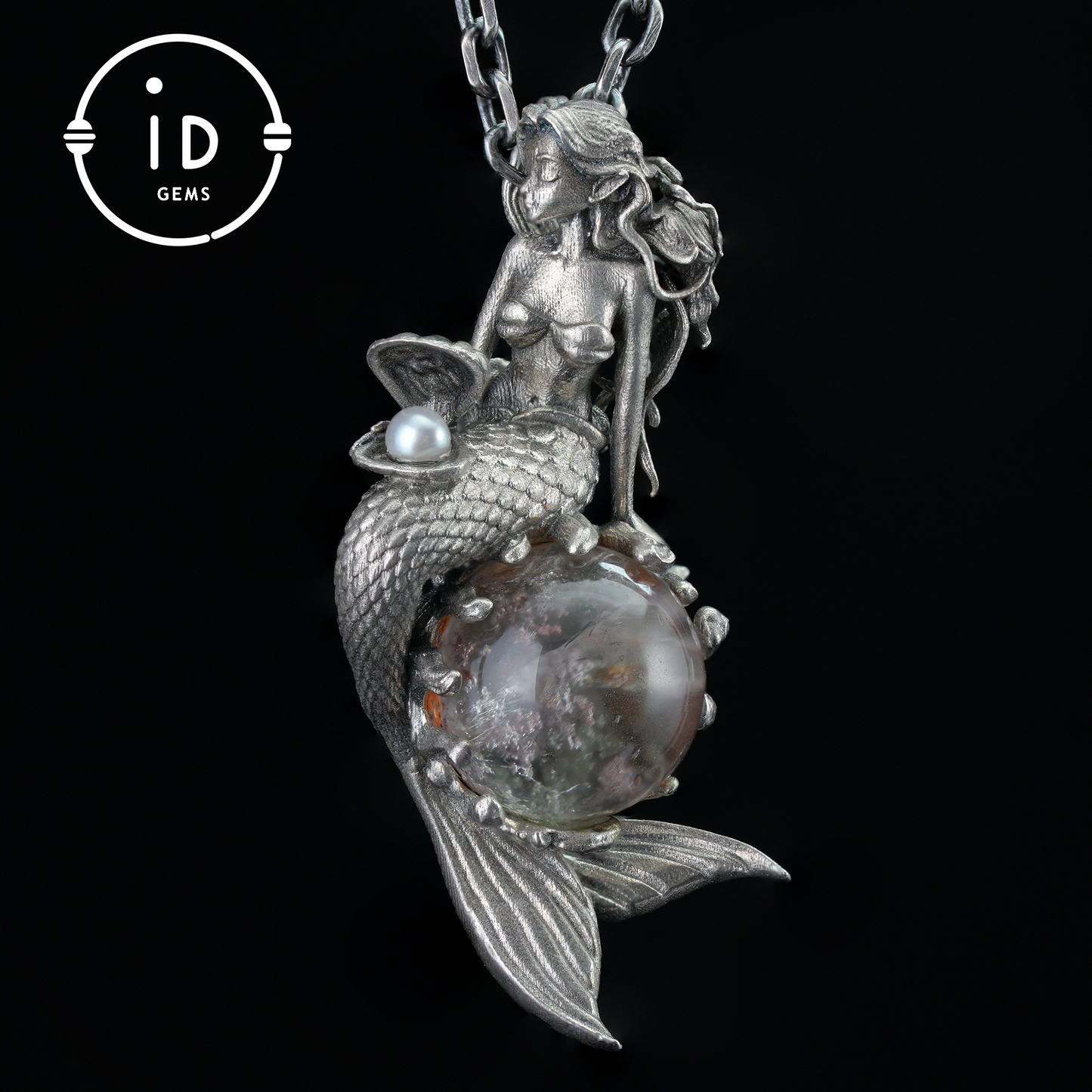 Mermaid Wish Talisman Pendant with Ghost Stone and Pearl, Fantasy Ocean Jewelry, Handcrafted Mythical Sea Spirit Amulet Necklace