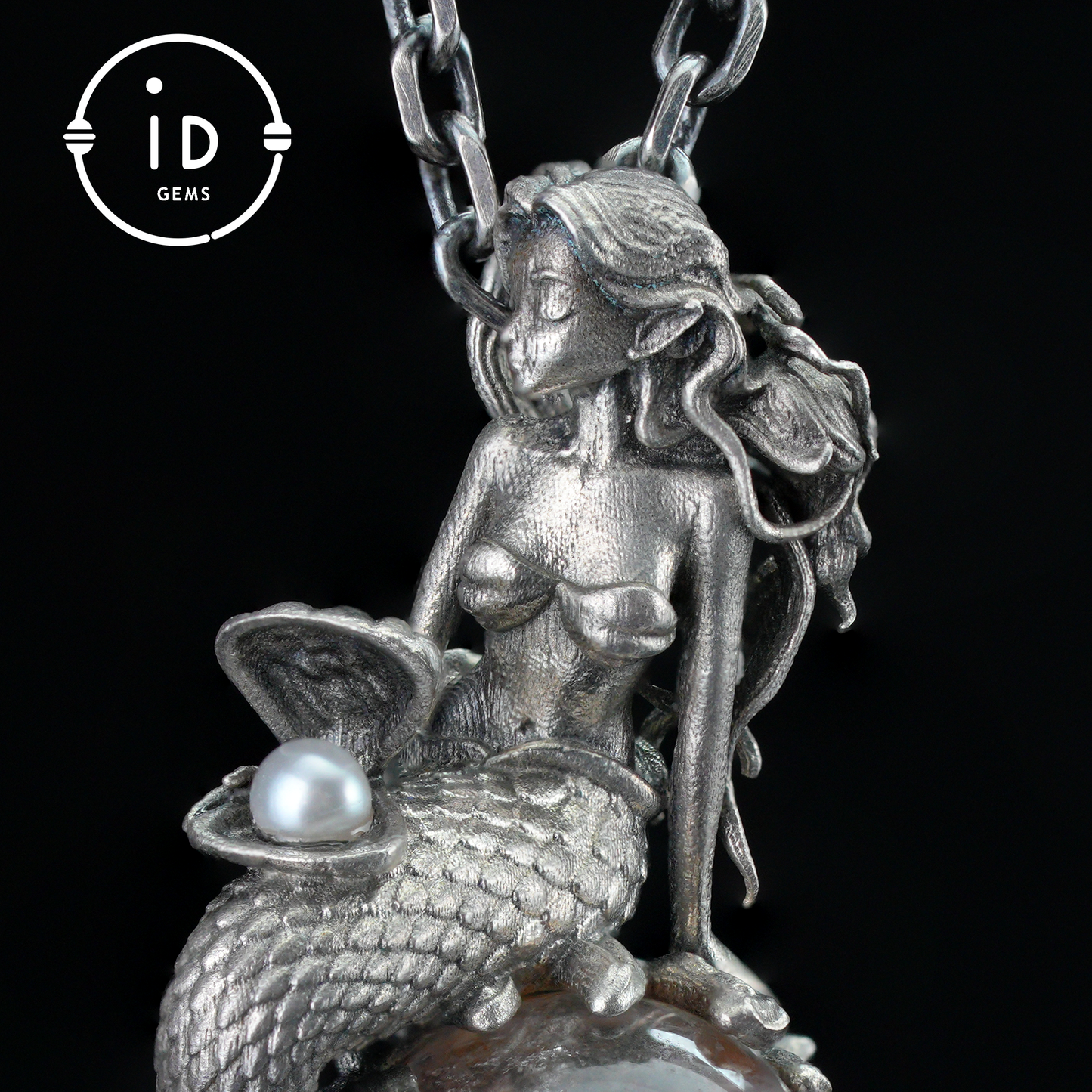 Mermaid Wish Talisman Pendant with Ghost Stone and Pearl, Fantasy Ocean Jewelry, Handcrafted Mythical Sea Spirit Amulet Necklace