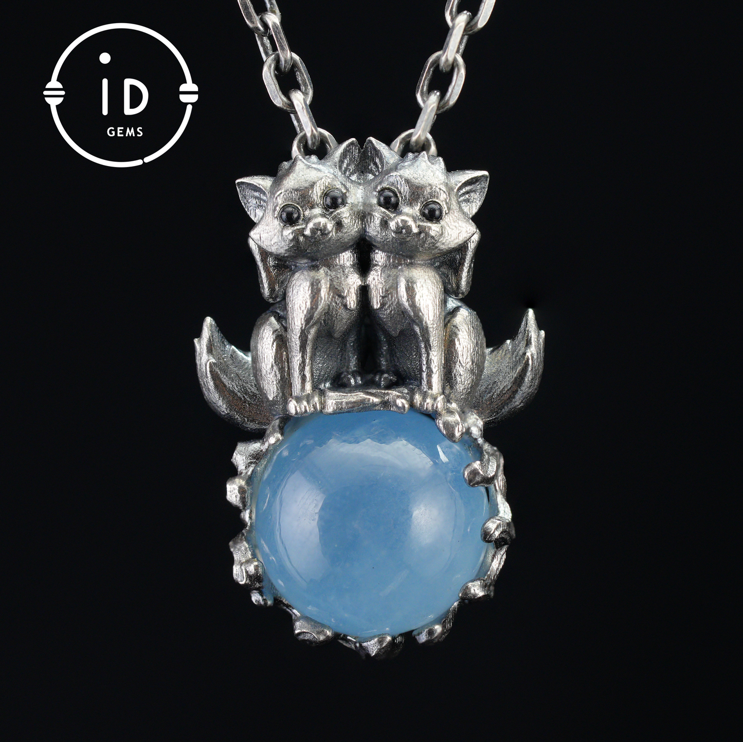 Fox Totem Pendant with Aquamarine – Fantasy Animal Amulet Necklace, Handcrafted Spirit Jewelry, Twin Guardian Design
