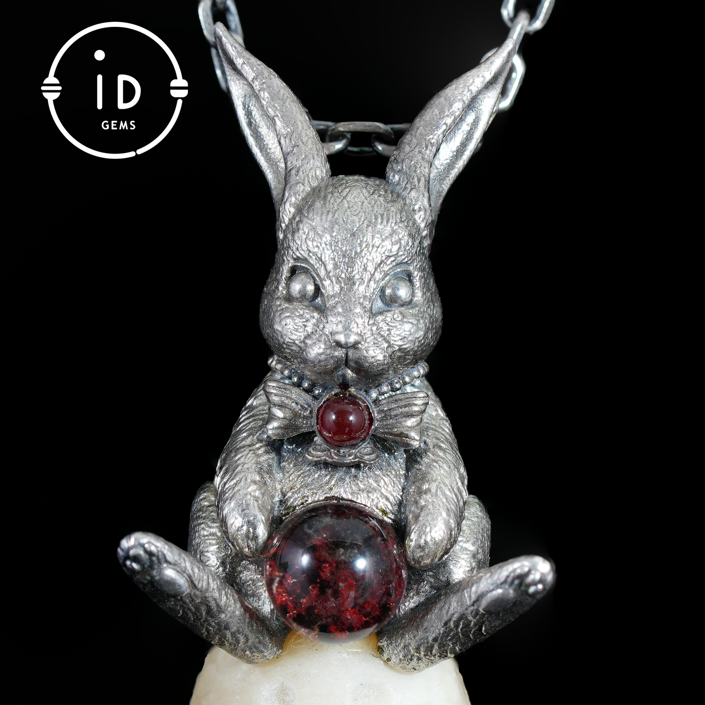 Moon Rabbit Pendant with Red Agate & Ghost Stone | Spring Totem Talisman Jewelry | Fantasy Handmade Forest Bunny Necklace