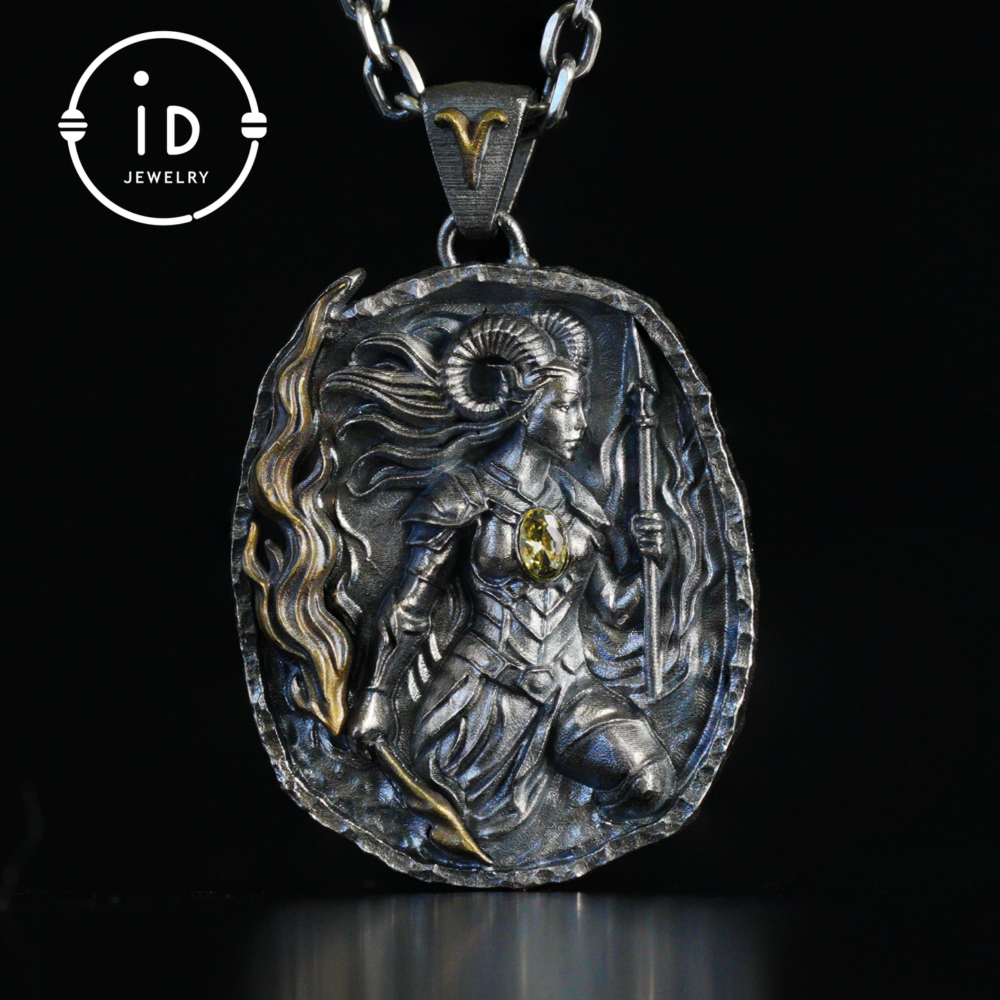 Aries Medallion Pendant | Irregular “Meteorite” Frame | Blue Enamel Starry Sheen | Orange Zirconia Center | Handmade Silver Jewelry