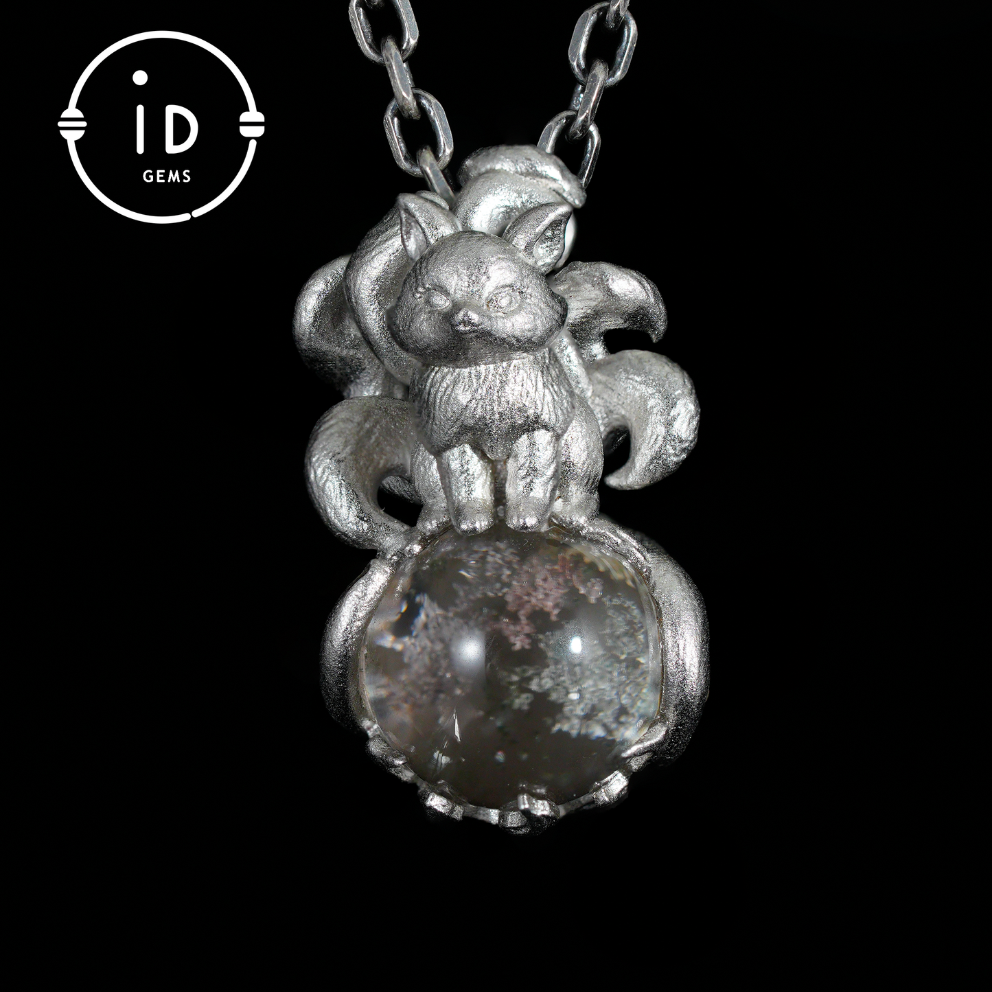 Fox Pendant with Ghost Quartz, Nine-Tailed Spirit Amulet, Handcrafted Fantasy Jewelry, Dreamy Forest Totem Necklace, Mythical Design