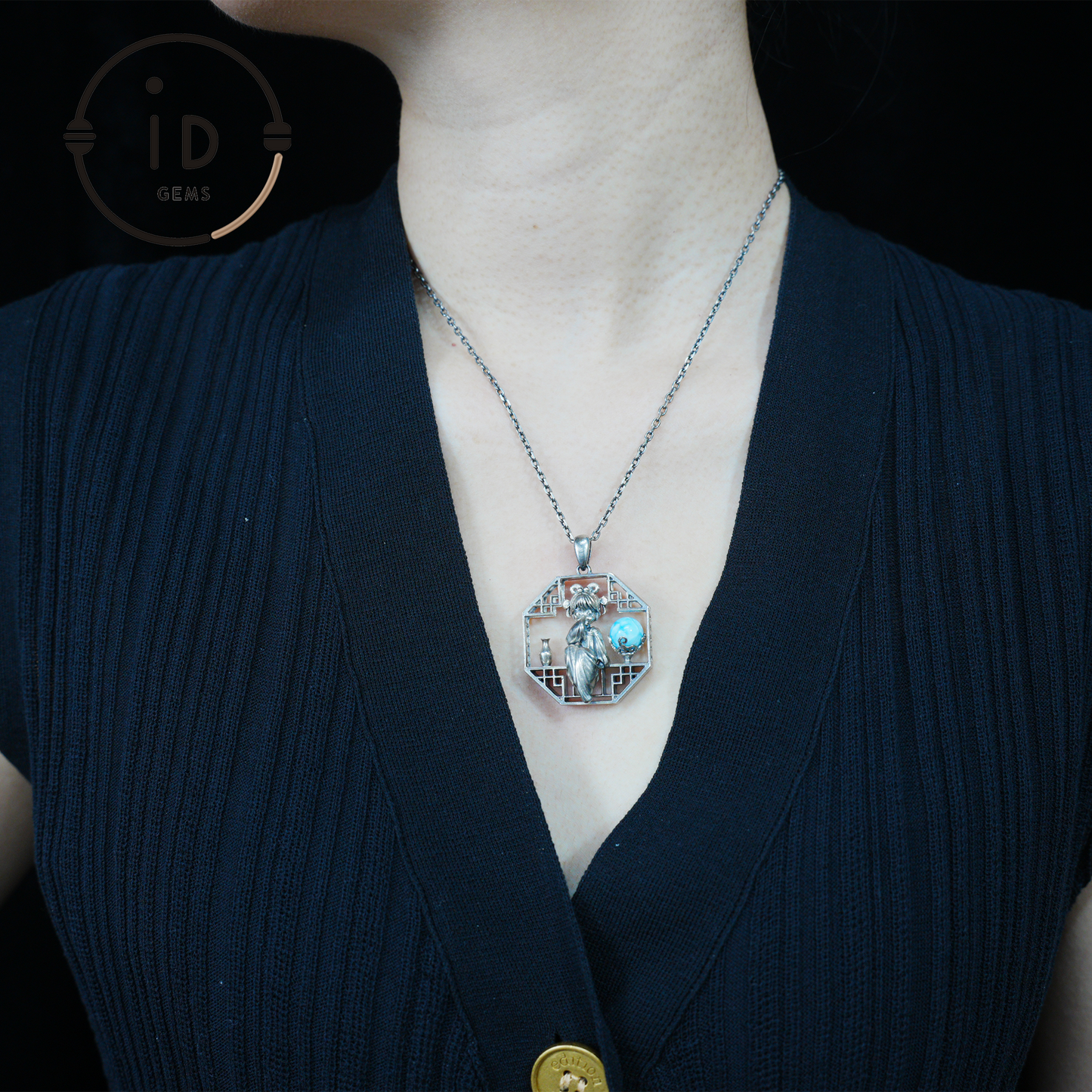 Handcrafted Octagonal Cut-out Pendant | Natural Larimar Orb Accent | Retro-Inspired Geometric Statement Gift for Creative Souls
