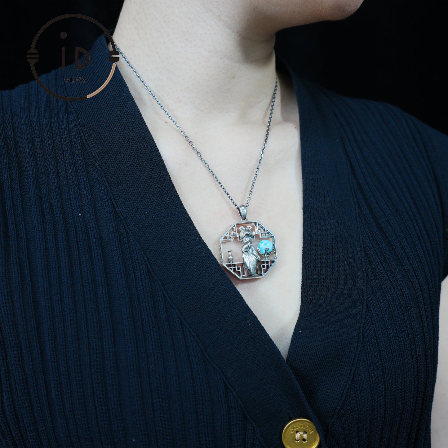 Handcrafted Octagonal Cut-out Pendant | Natural Larimar Orb Accent | Retro-Inspired Geometric Statement Gift for Creative Souls