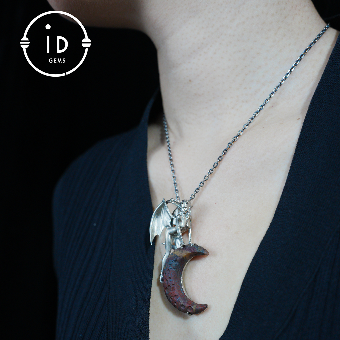 Hand-Carved 925 Silver Succubus Pendant | Blood Moon & Bloodstone Crescent | Winged Demon Gothic Protection Talisman | Perfect Gothic Gift