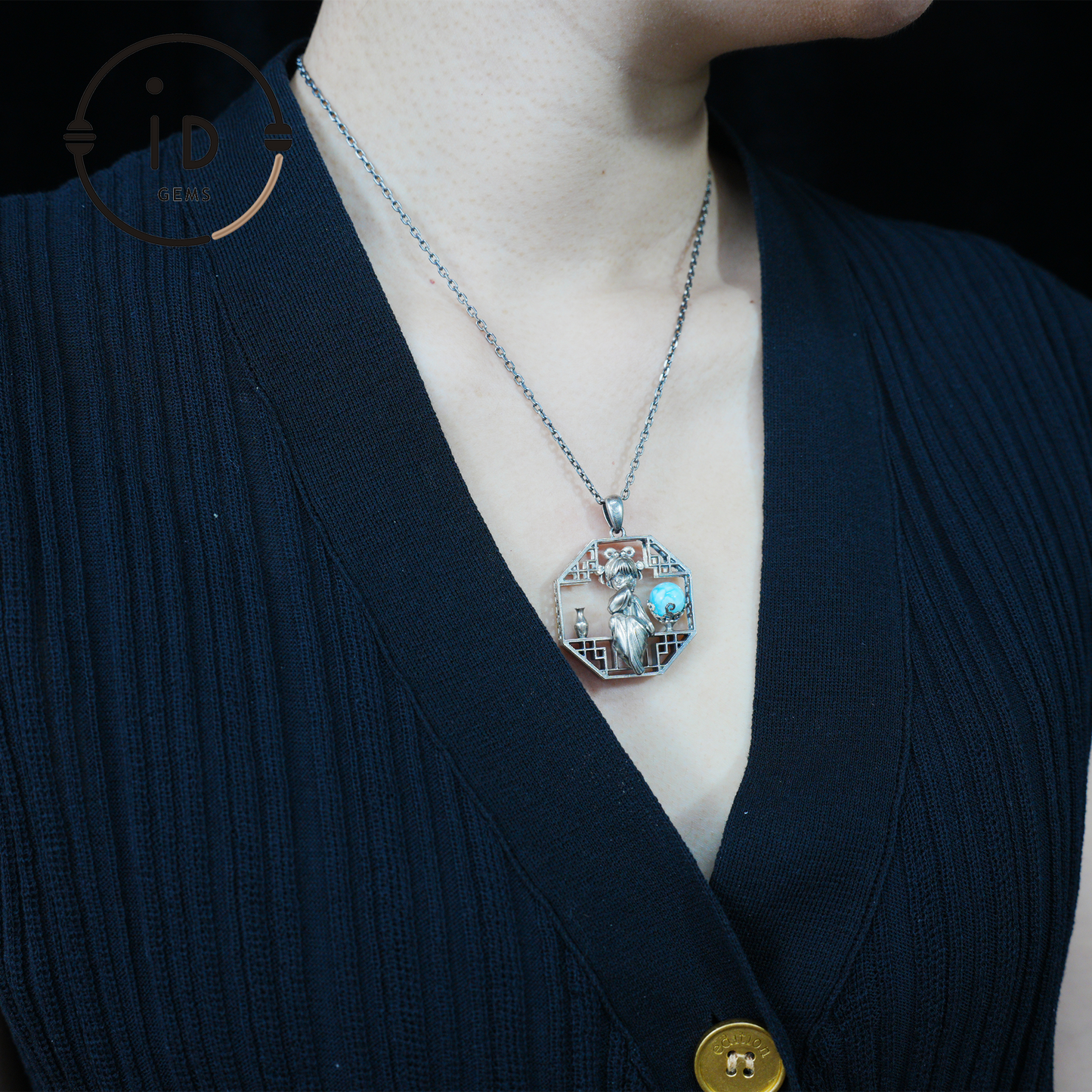 Handcrafted Octagonal Cut-out Pendant | Natural Larimar Orb Accent | Retro-Inspired Geometric Statement Gift for Creative Souls