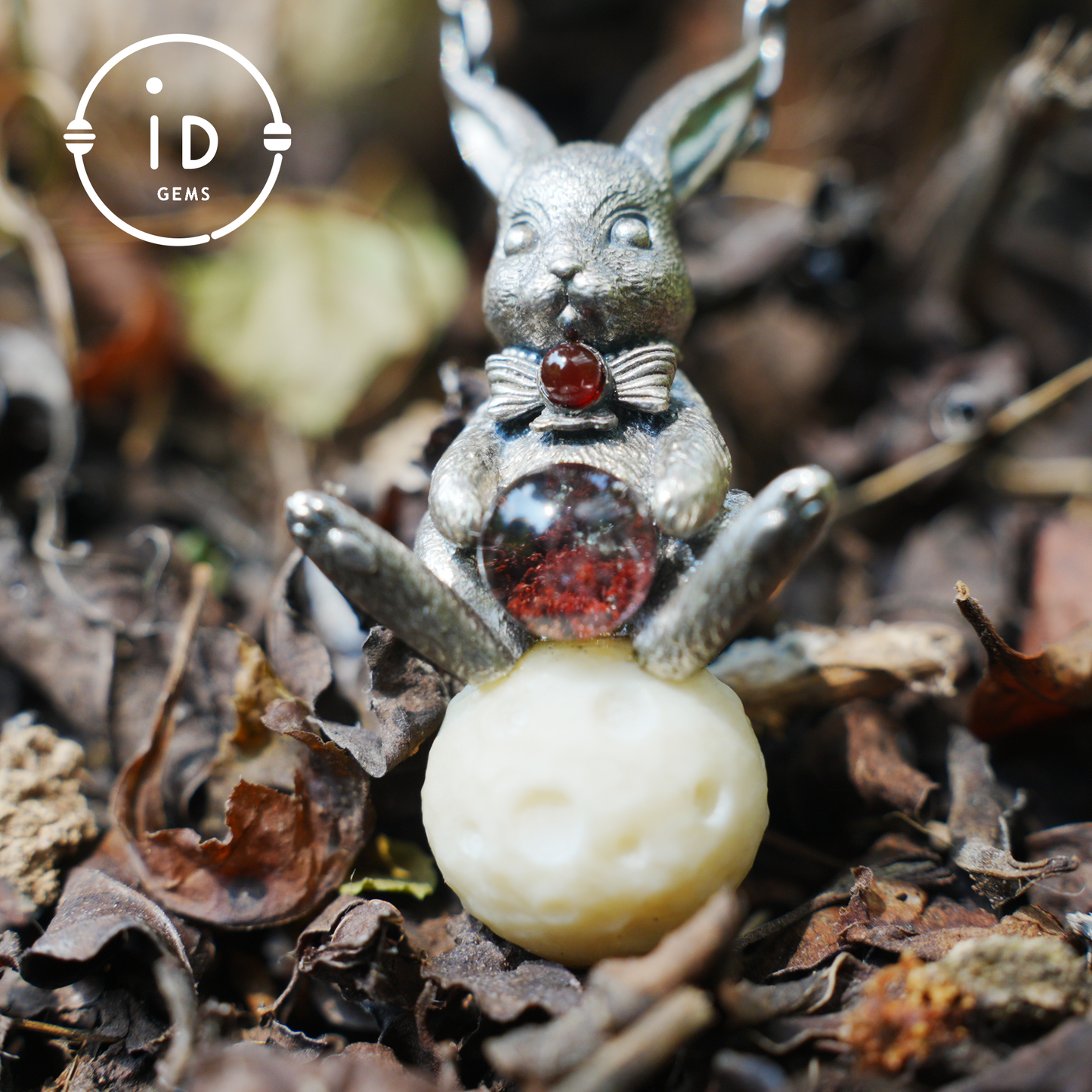 Moon Rabbit Pendant with Red Agate & Ghost Stone | Spring Totem Talisman Jewelry | Fantasy Handmade Forest Bunny Necklace