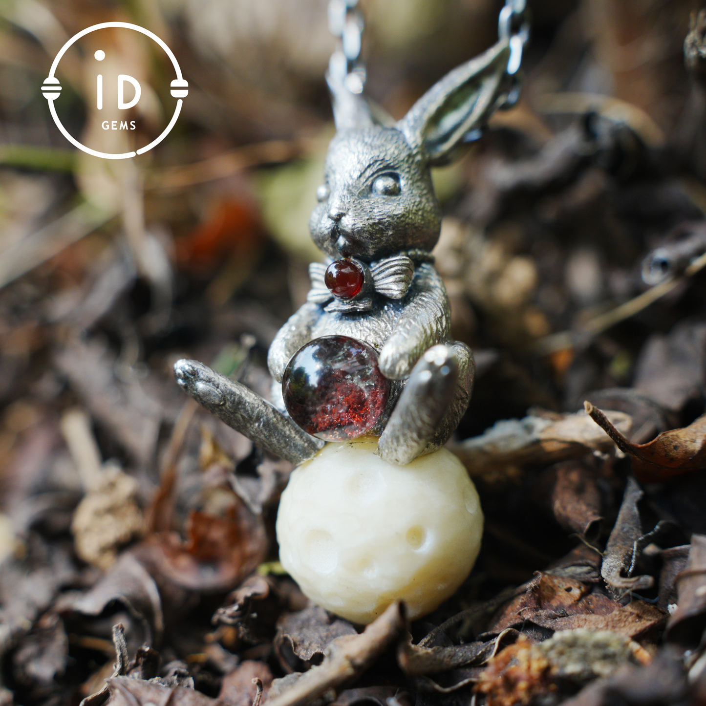 Moon Rabbit Pendant with Red Agate & Ghost Stone | Spring Totem Talisman Jewelry | Fantasy Handmade Forest Bunny Necklace
