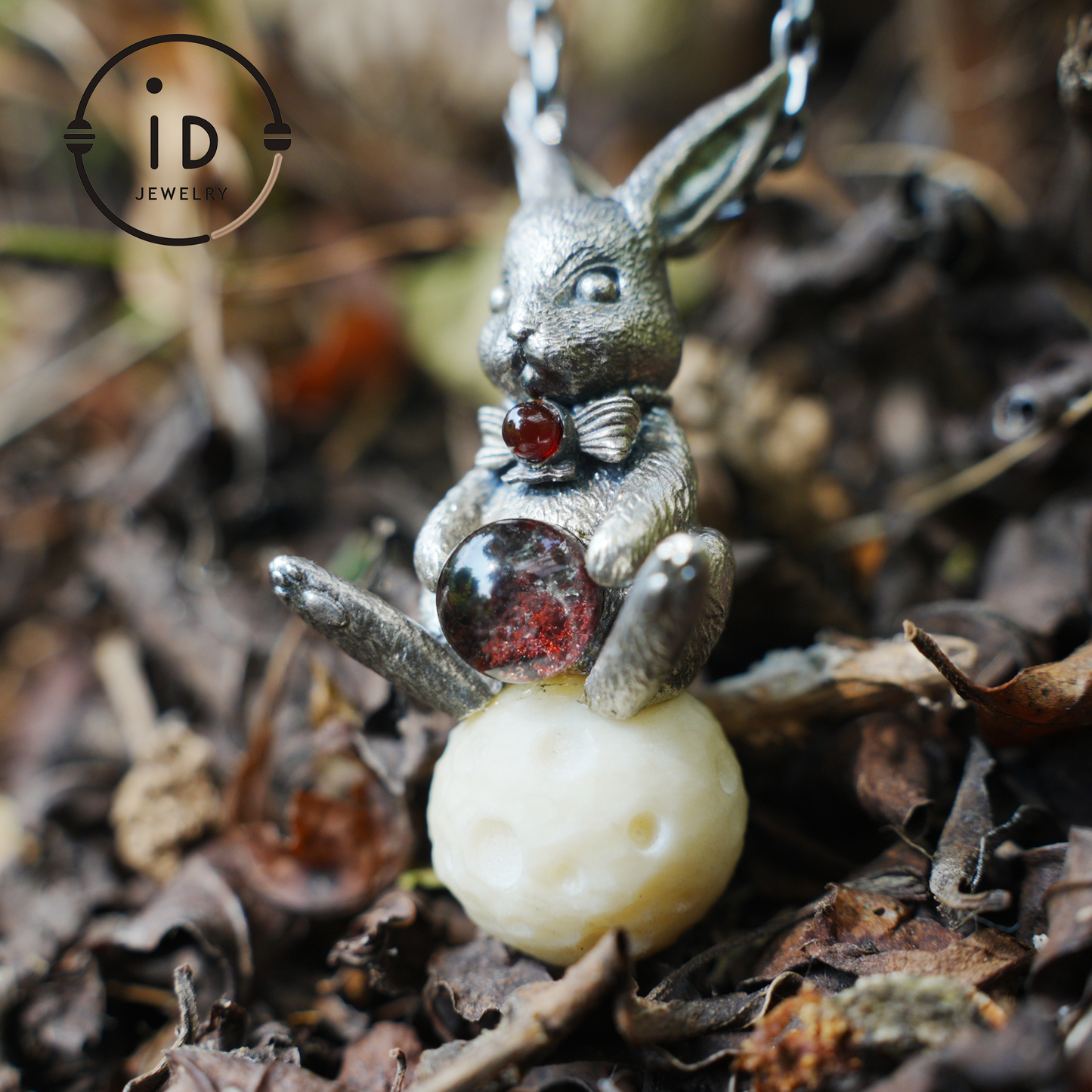 Moon Rabbit Pendant with Red Agate & Ghost Stone | Spring Totem Talisman Jewelry | Fantasy Handmade Forest Bunny Necklace