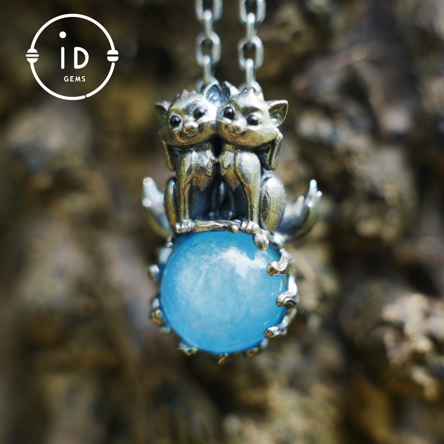 Fox Totem Pendant with Aquamarine – Fantasy Animal Amulet Necklace, Handcrafted Spirit Jewelry, Twin Guardian Design