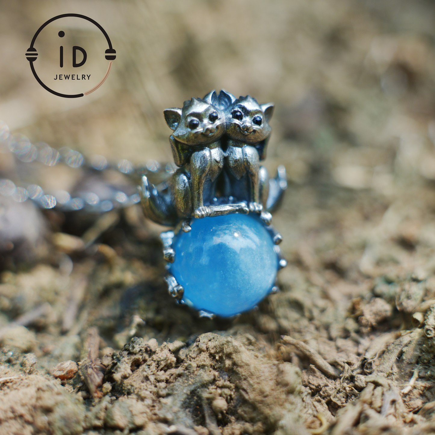 Fox Totem Pendant with Aquamarine, Fantasy Animal Amulet Necklace, Handcrafted Spirit Jewelry, Twin Guardian Design