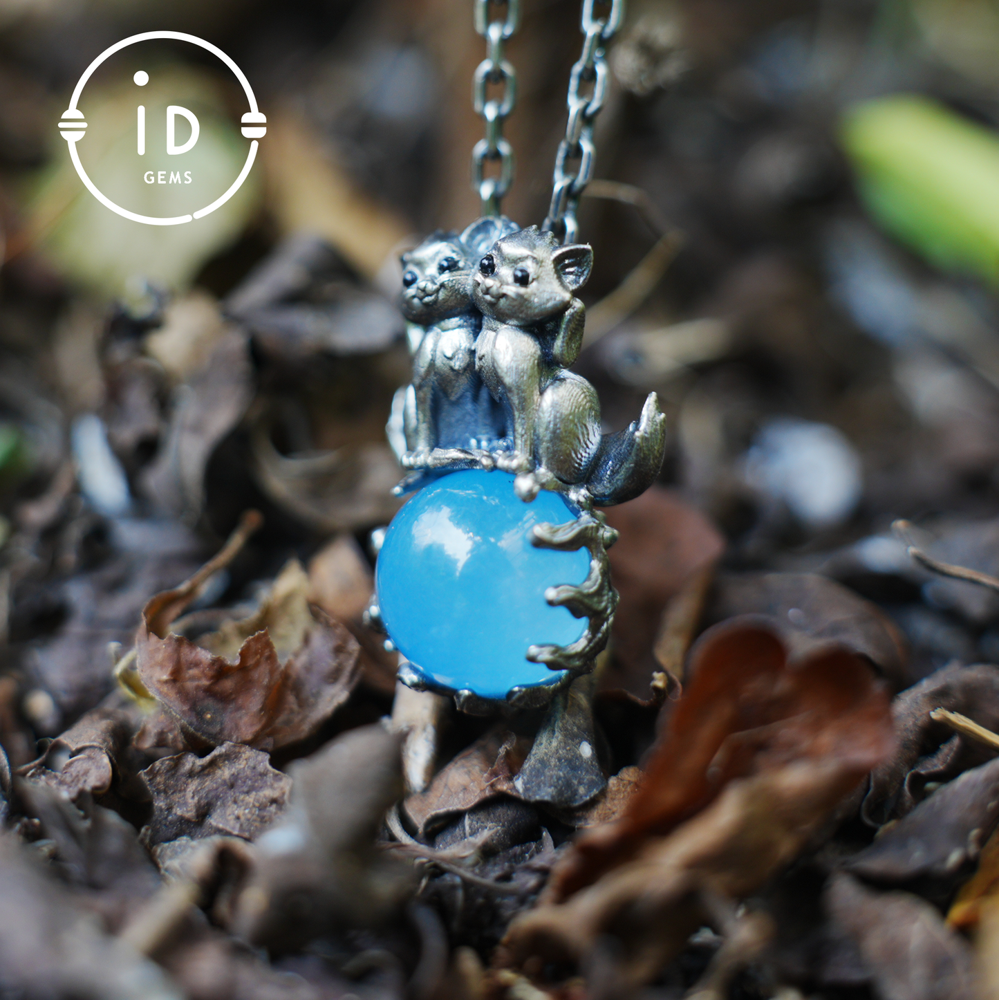 Fox Totem Pendant with Aquamarine – Fantasy Animal Amulet Necklace, Handcrafted Spirit Jewelry, Twin Guardian Design