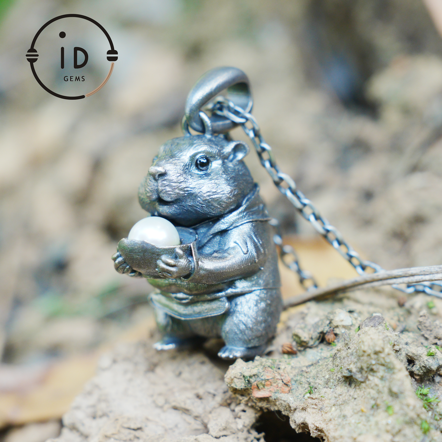 Hamster Pendant with Pearl, Whimsical Animal Totem Amulet, Handcrafted Fairy Tale Jewelry, Symbol of Care and Gentle Devotion