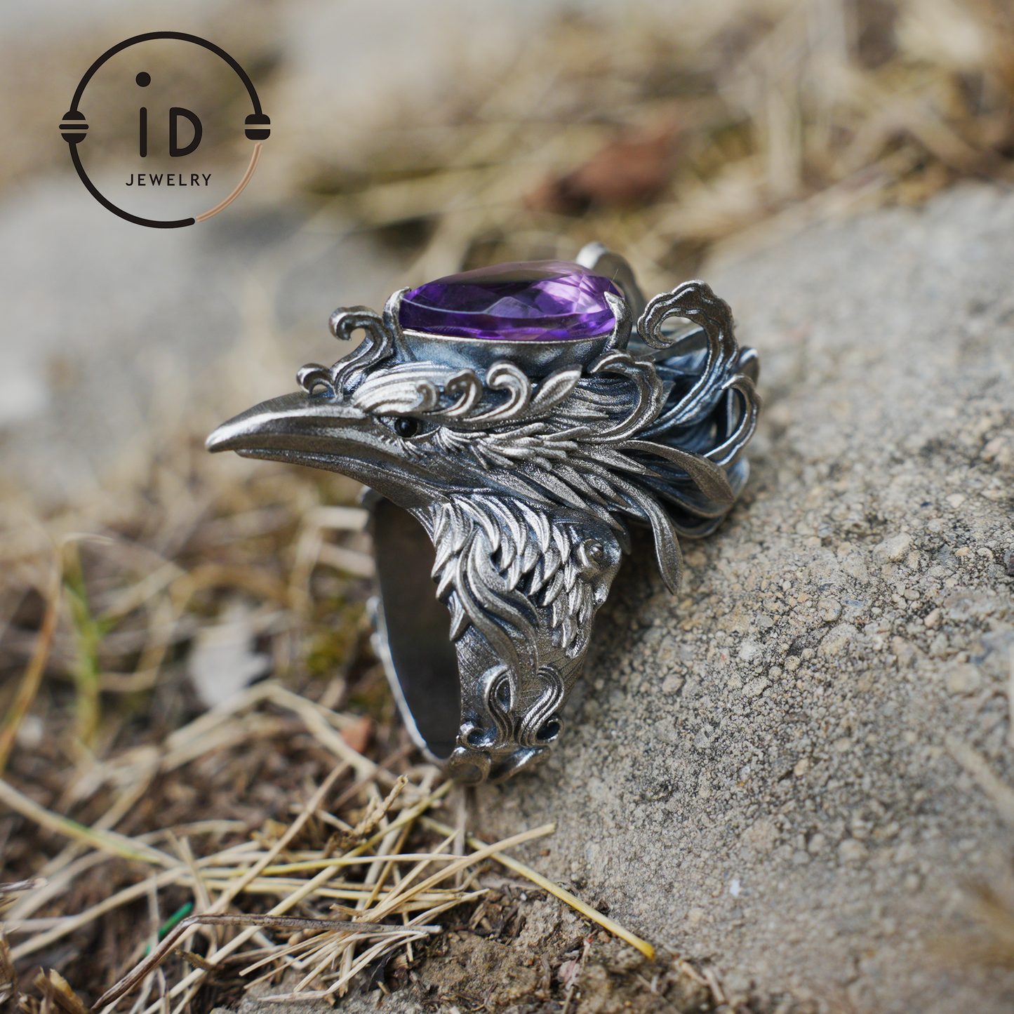 Gothic Raven Ring with Amethyst in 925 Oxidized Silver, Totem Bird Jewelry for Women and Men, Vintage Statement Gift for Christmas