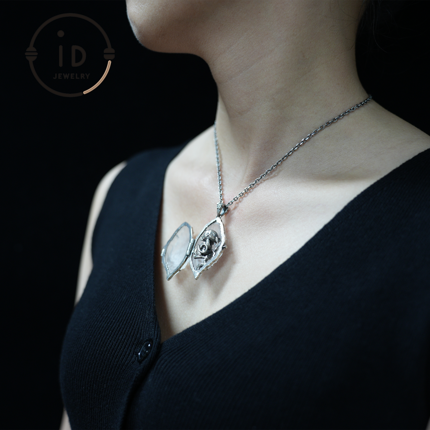 Mystic Monkey Pendant with White Crystal Shell, Handmade Fantasy Amulet, Oriental Style Locket Necklace for Gift & Collection