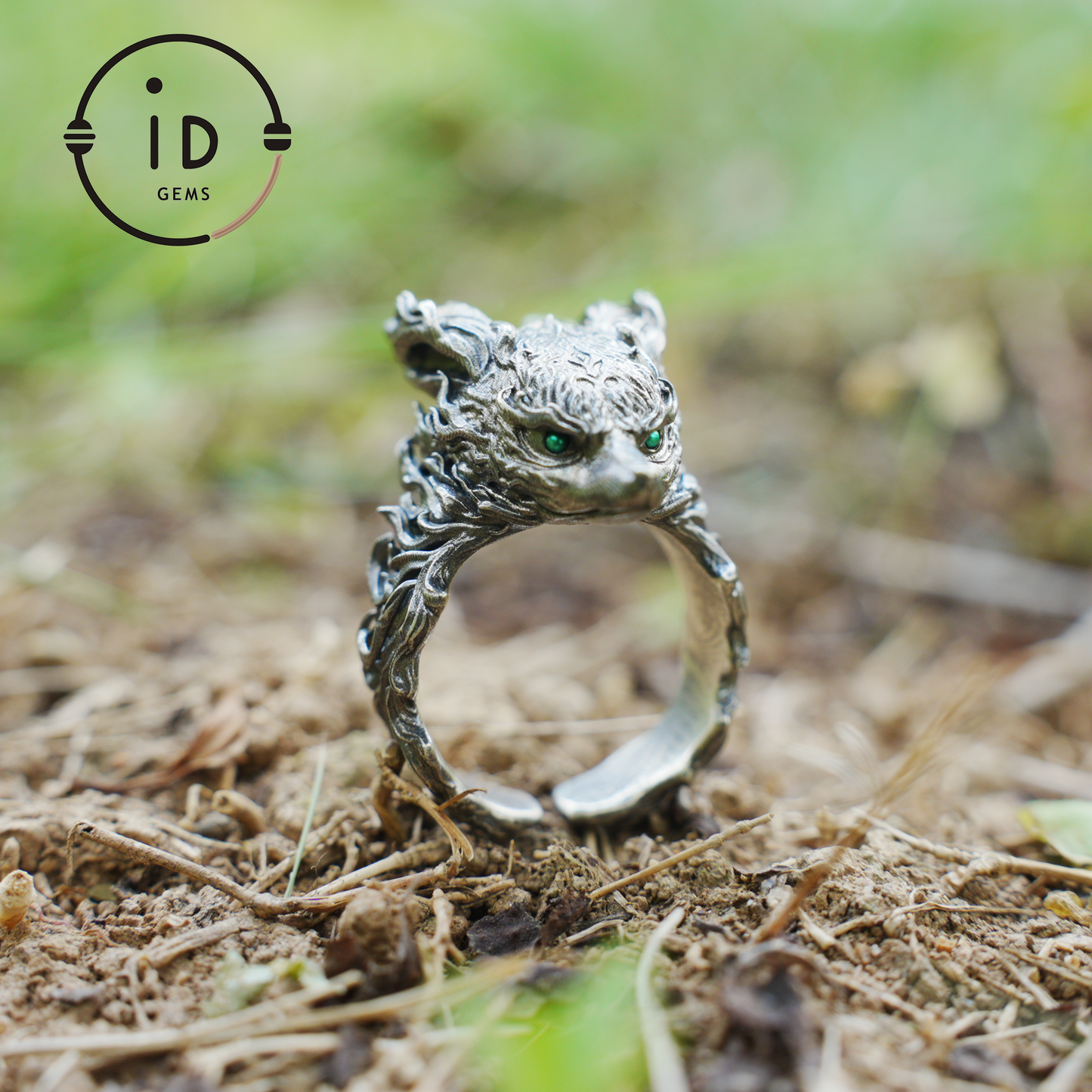 Fox Totem Ring with Green Zircon Eyes, Forest Guardian Amulet, Handmade Animal Jewelry, Mythic Protection Symbol
