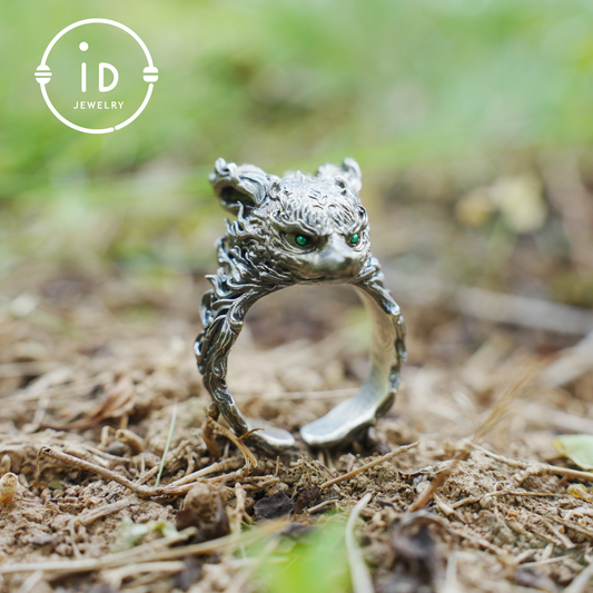 Fox Totem Ring with Green Zircon Eyes, Forest Guardian Amulet, Handmade Animal Jewelry, Mythic Protection Symbol