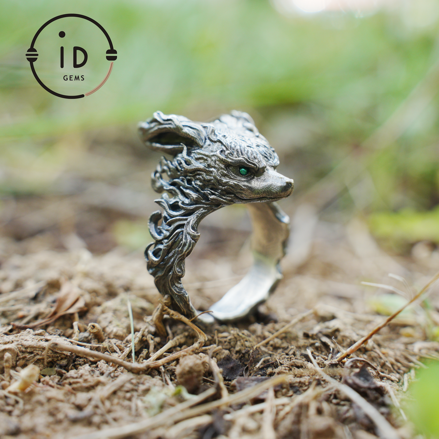Fox Totem Ring with Green Zircon Eyes, Forest Guardian Amulet, Handmade Animal Jewelry, Mythic Protection Symbol
